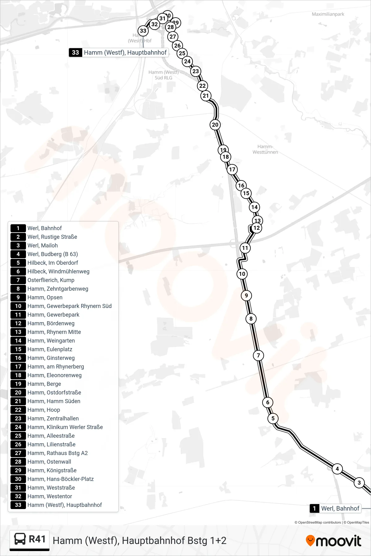 Linie R41 (Bus) Richtung Hamm (Westf), Hauptbahnhof Bstg 1+2: Route und Haltestellen auf der Karte
