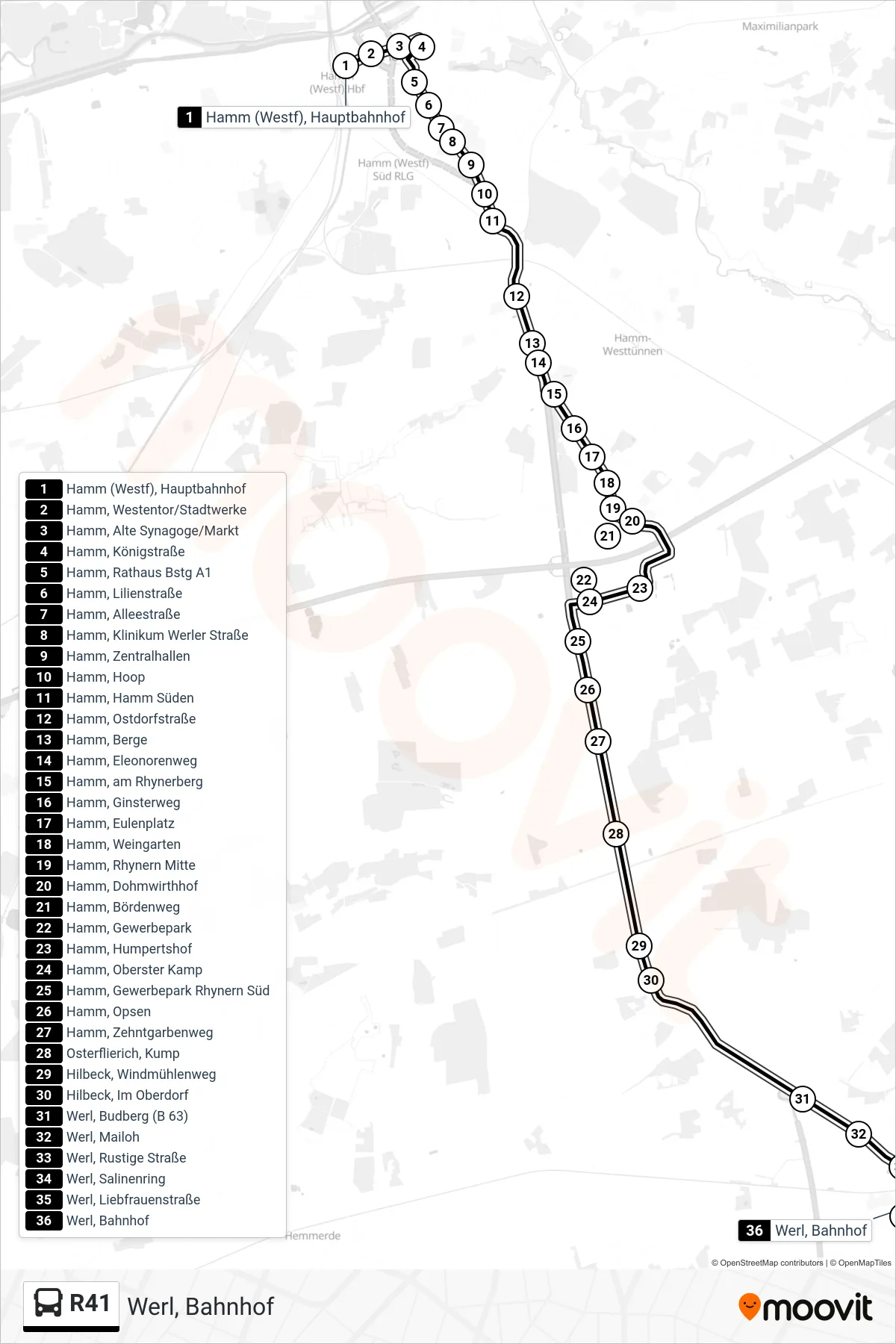 Linie R41 (Bus) Richtung Werl, Bahnhof: Route und Haltestellen auf der Karte