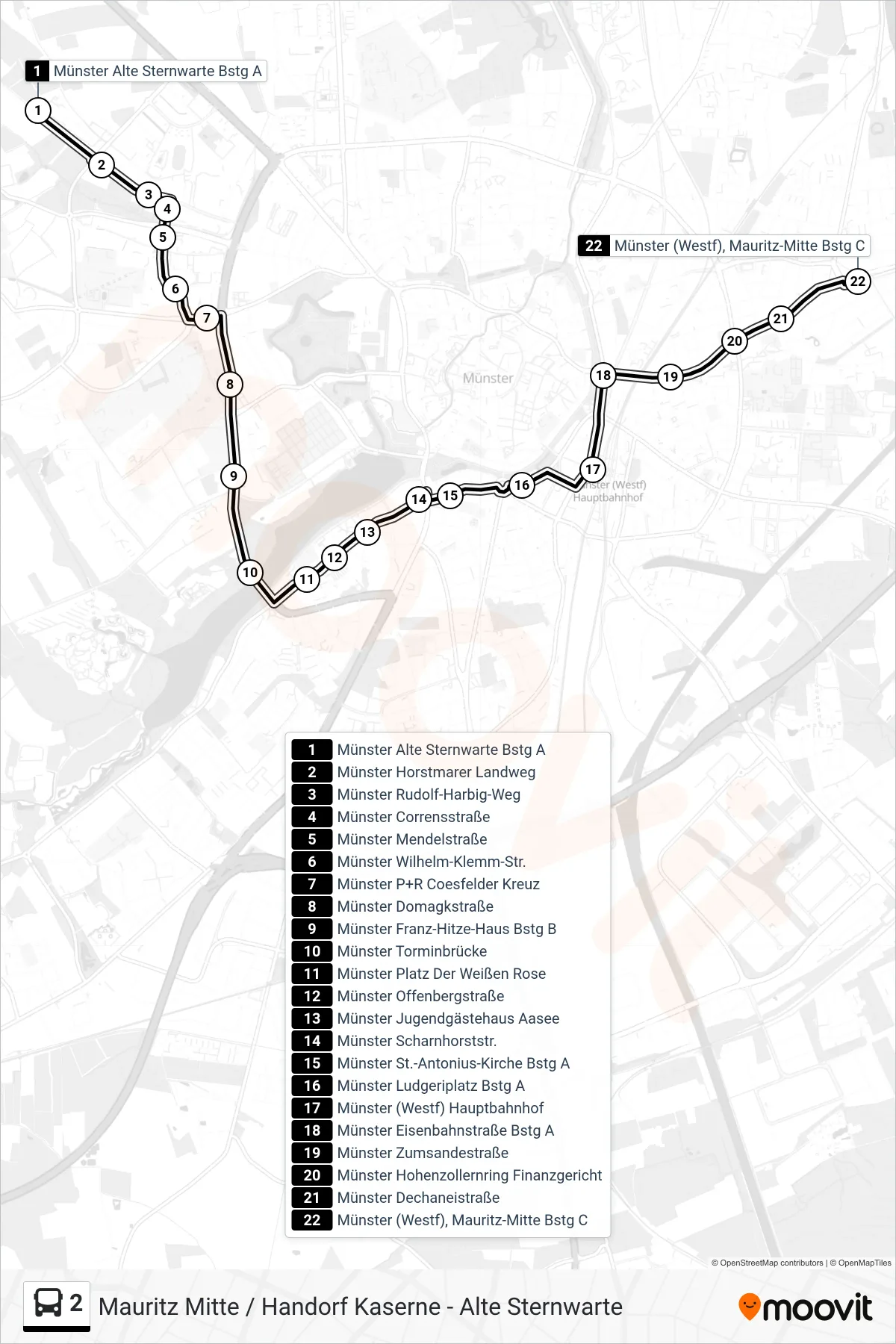 Linie 2 (Bus) Richtung Mauritz-Mitte: Route und Haltestellen auf der Karte