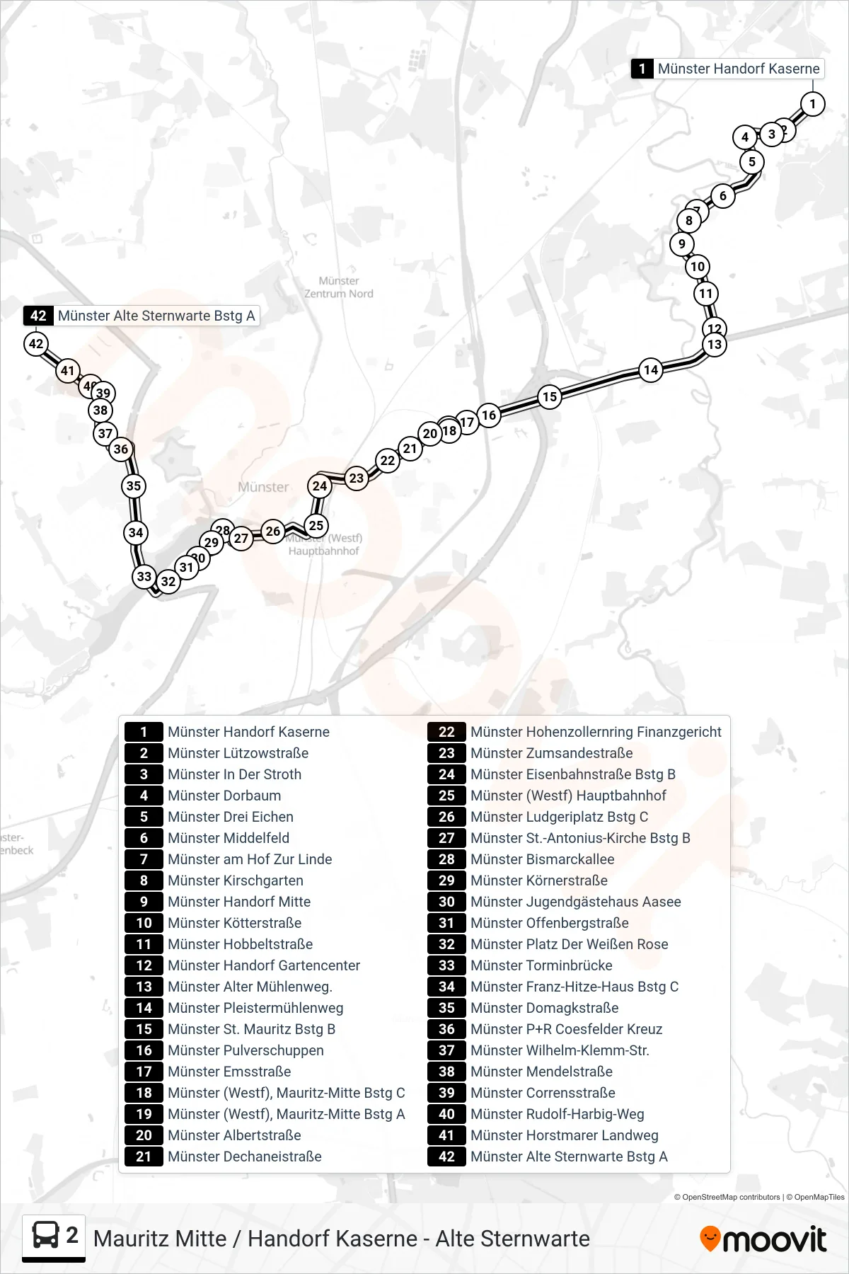 Linie 2 (Bus) Richtung Alte Sternwarte: Route und Haltestellen auf der Karte
