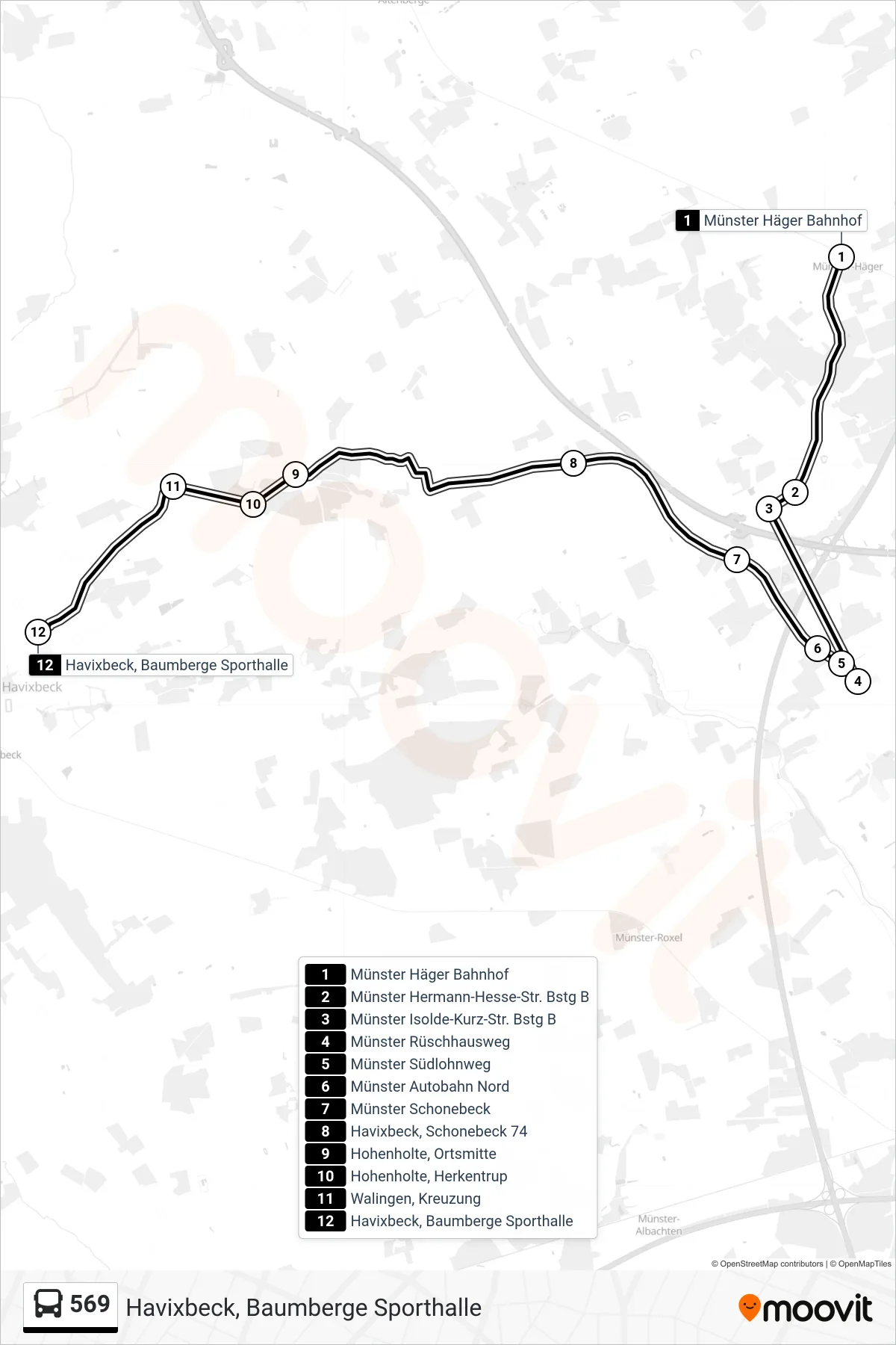 Linie 569 (Bus) Richtung Havixbeck, Baumberge Sporthalle: Route und Haltestellen auf der Karte