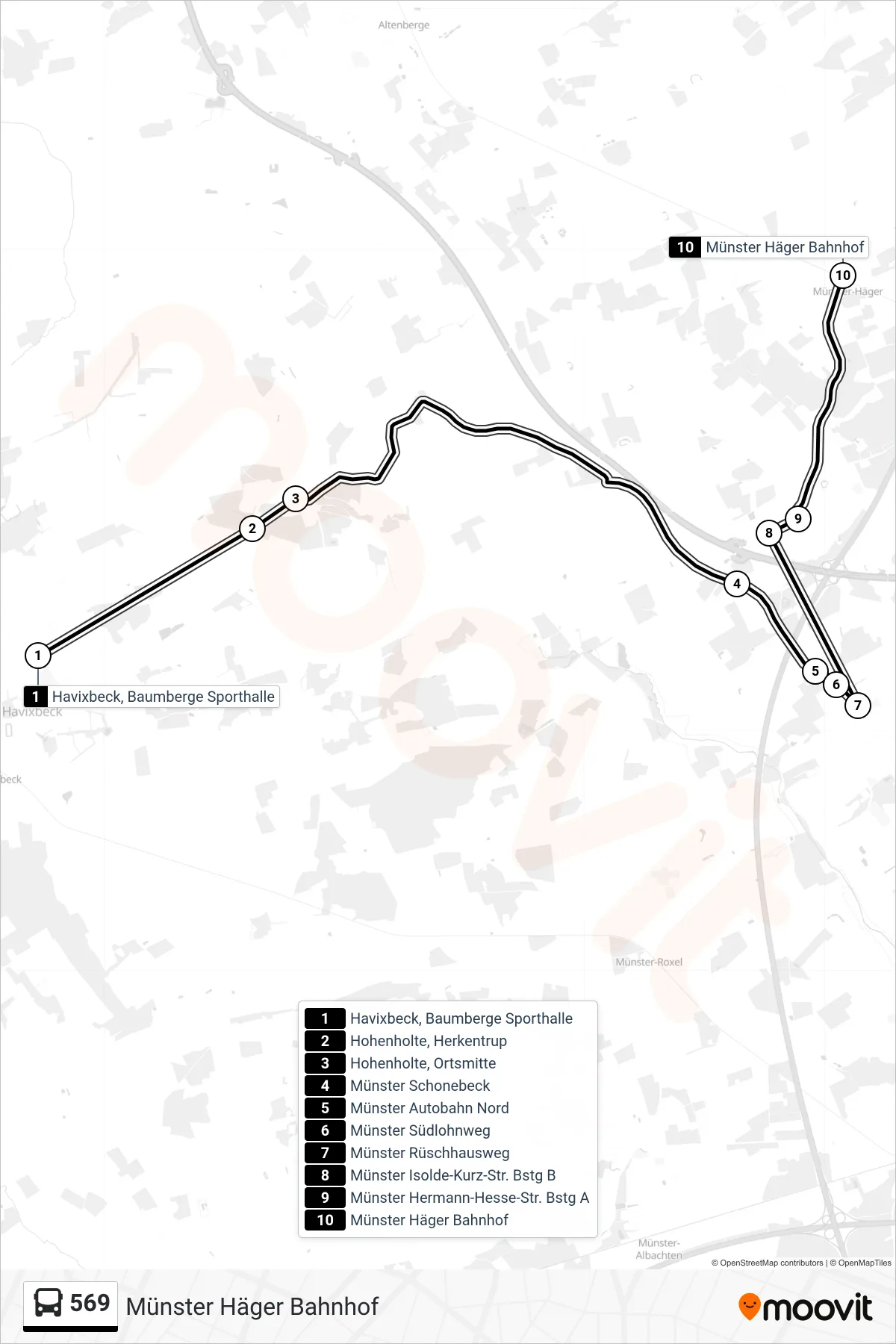 569 bus Line (Münster Häger Bahnhof) route and stops on a map