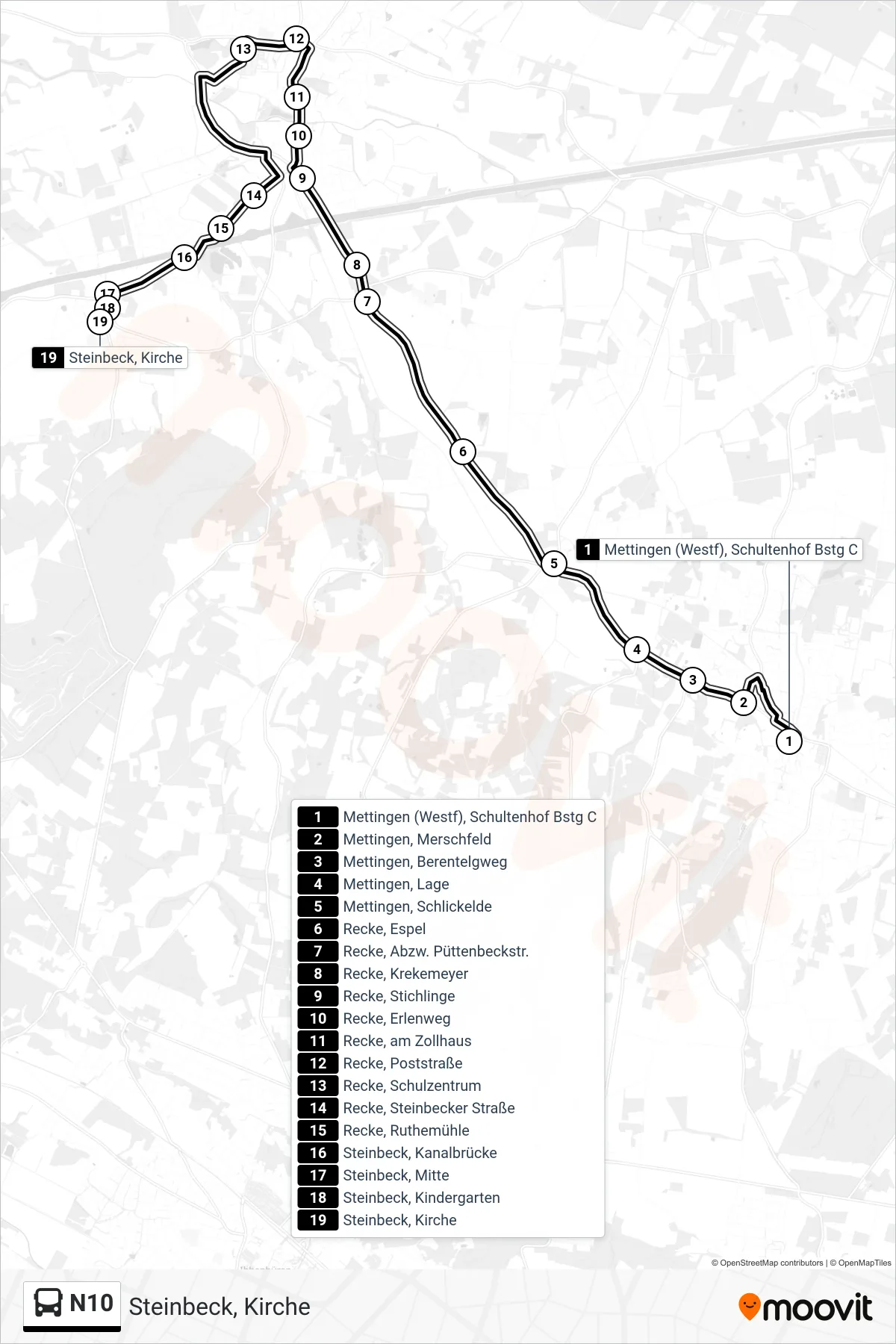 N10 bus Line (Steinbeck, Kirche) route and stops on a map