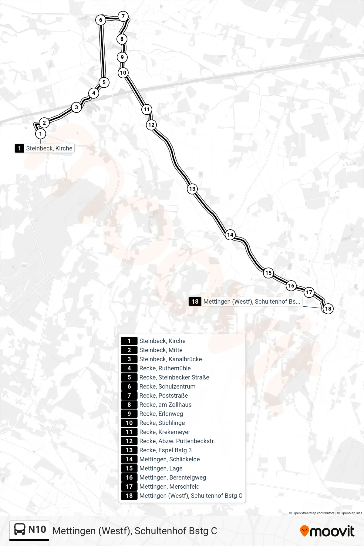 Linie N10 (Bus) Richtung Mettingen (Westf), Schultenhof Bstg C: Route und Haltestellen auf der Karte