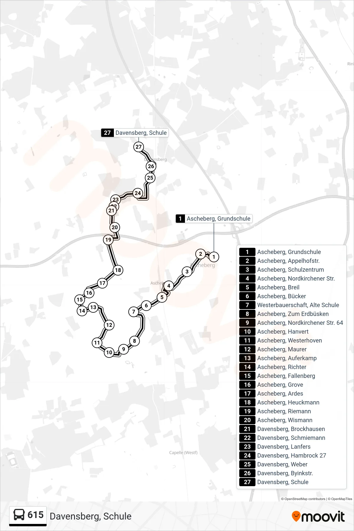 Linie 615 (Bus) Richtung Davensberg, Schule: Route und Haltestellen auf der Karte