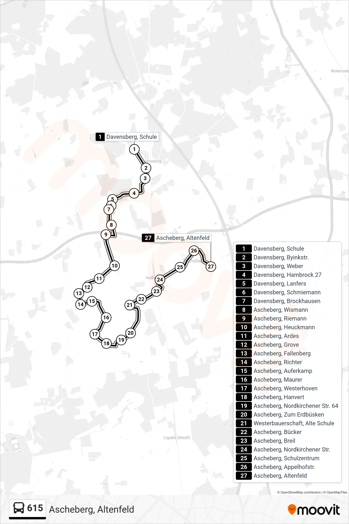 Linie 615 (Bus) Richtung Ascheberg, Altenfeld: Route und Haltestellen auf der Karte