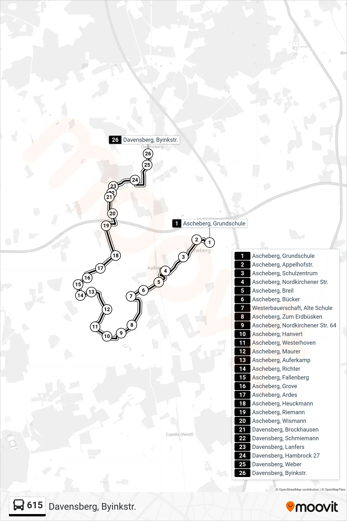 615 bus Line (Davensberg, Byinkstr.) route and stops on a map