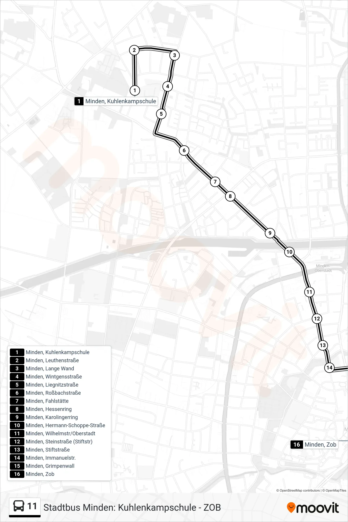 11 bus Line (Minden, Zob) route and stops on a map
