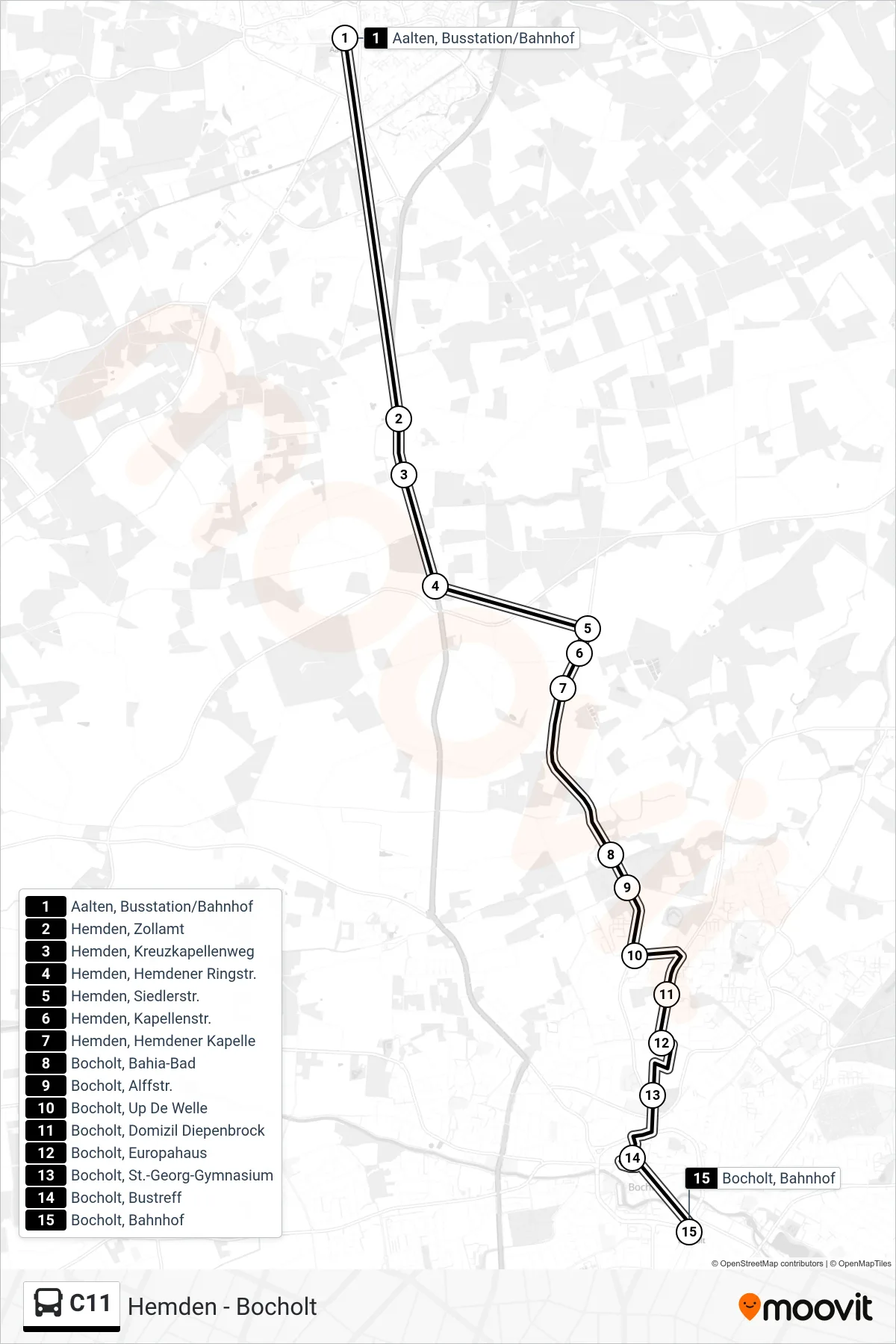 C11 tram Line (Bocholt Bahnhof) route and stops on a map
