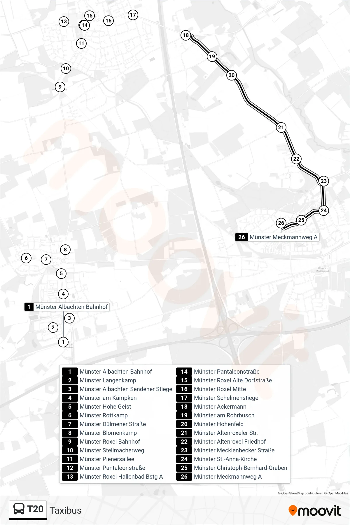 T20 bus Line (Taxibus) route and stops on a map
