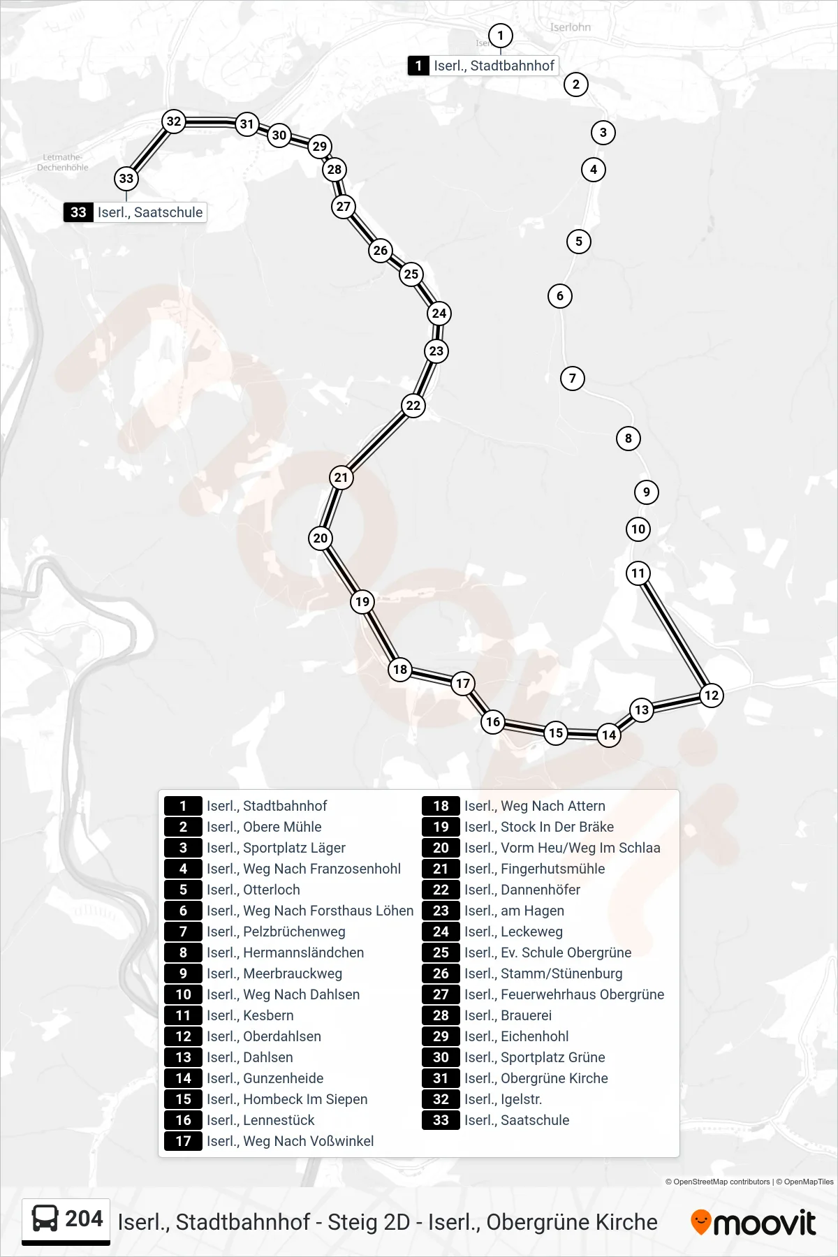 204 bus Line (Iserl., Saatschule) route and stops on a map