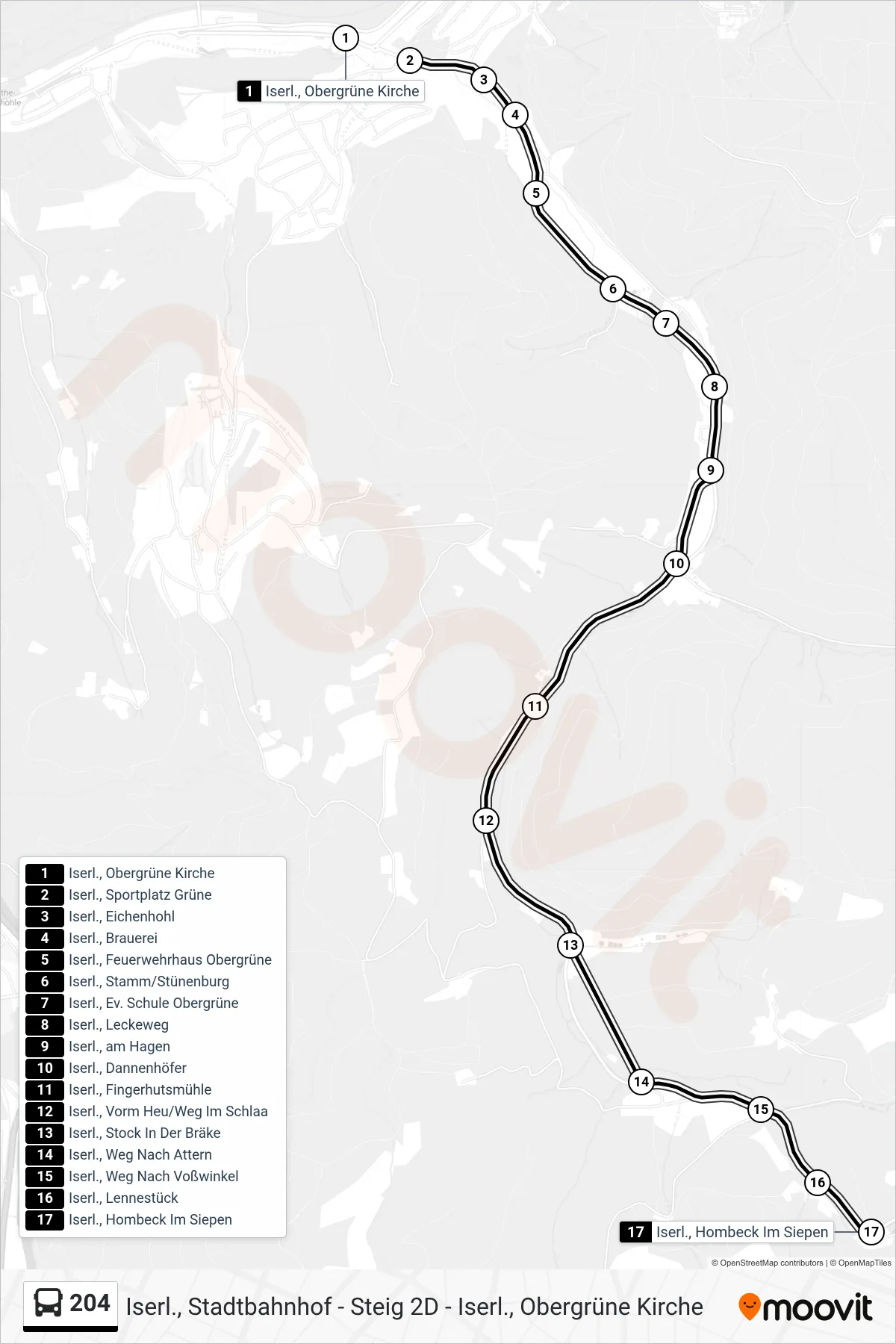 204 bus Line (Iserl., Hombeck Im Siepen) route and stops on a map