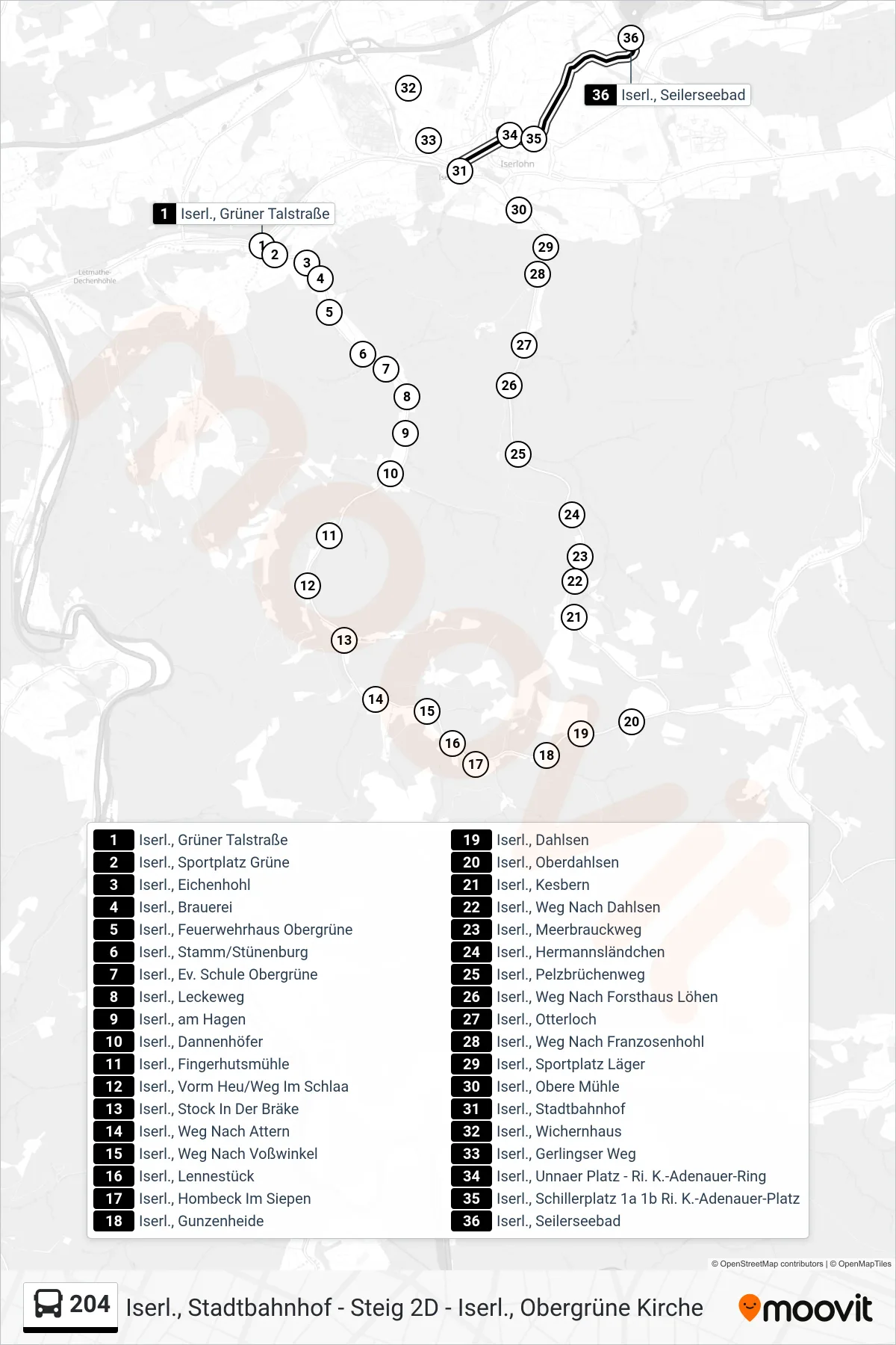 204 bus Line (Iserl., Seilerseebad) route and stops on a map