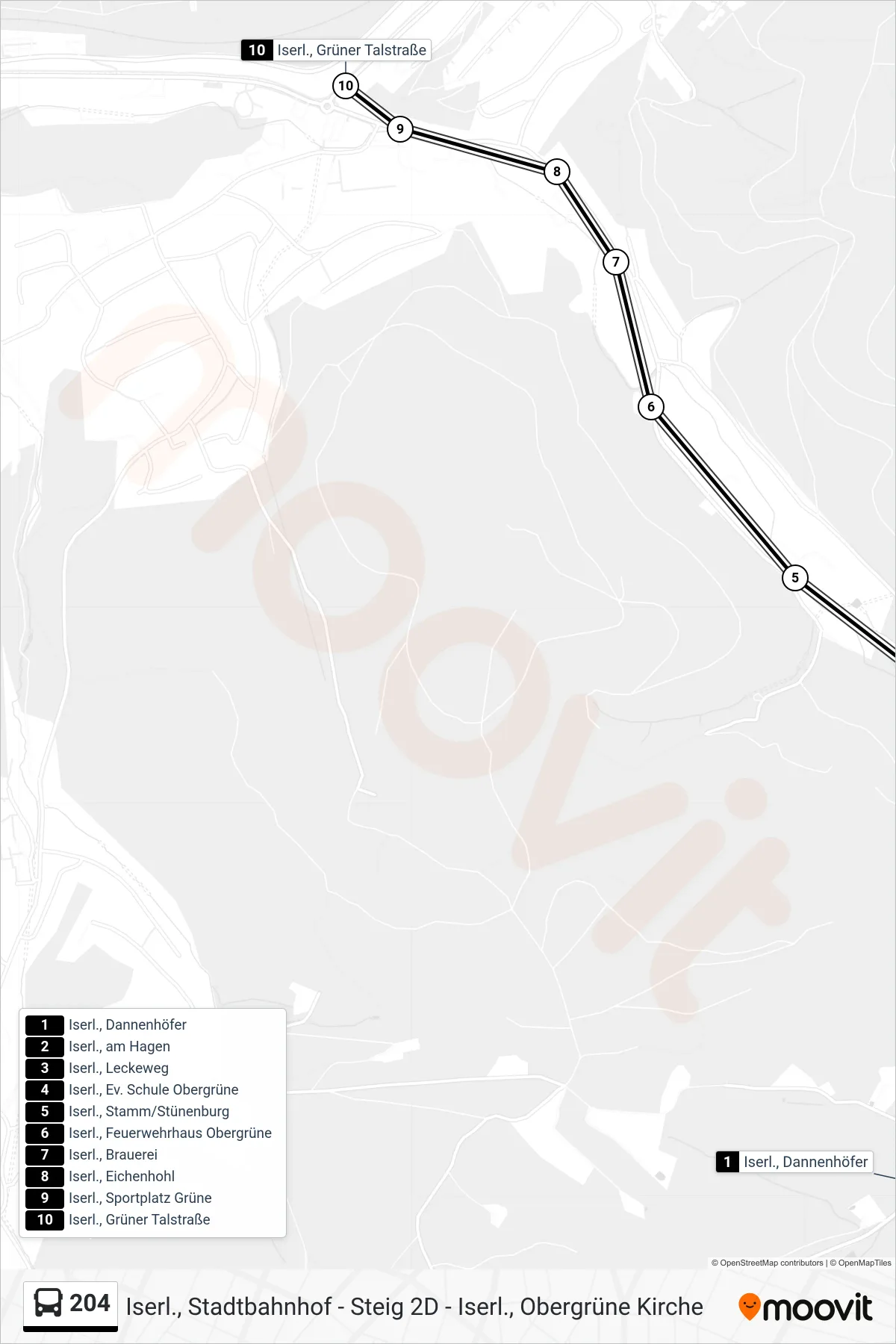 204 bus Line (Iserl., Grüner Talstraße) route and stops on a map