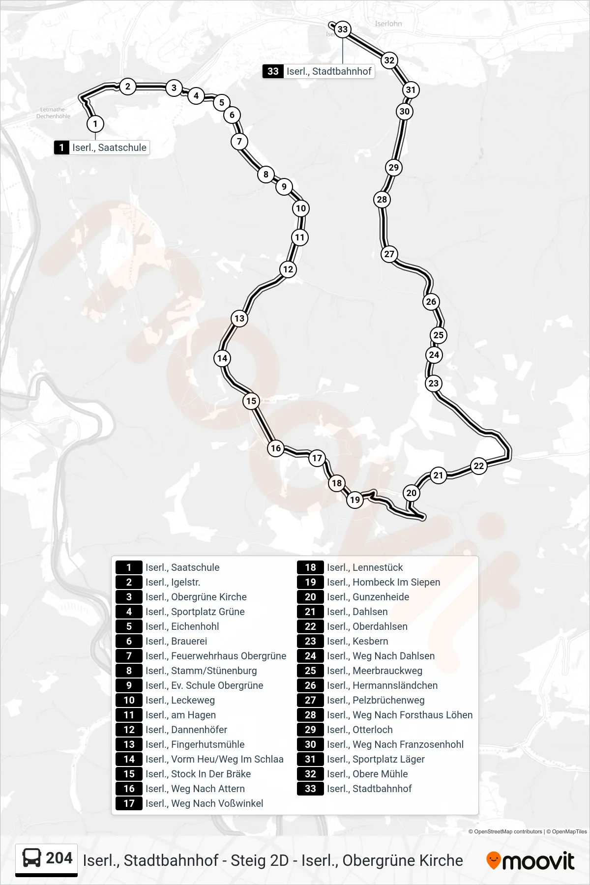 204 bus Line (Iserl., Stadtbahnhof - Steig 1f - Nur Ausstieg) route and stops on a map
