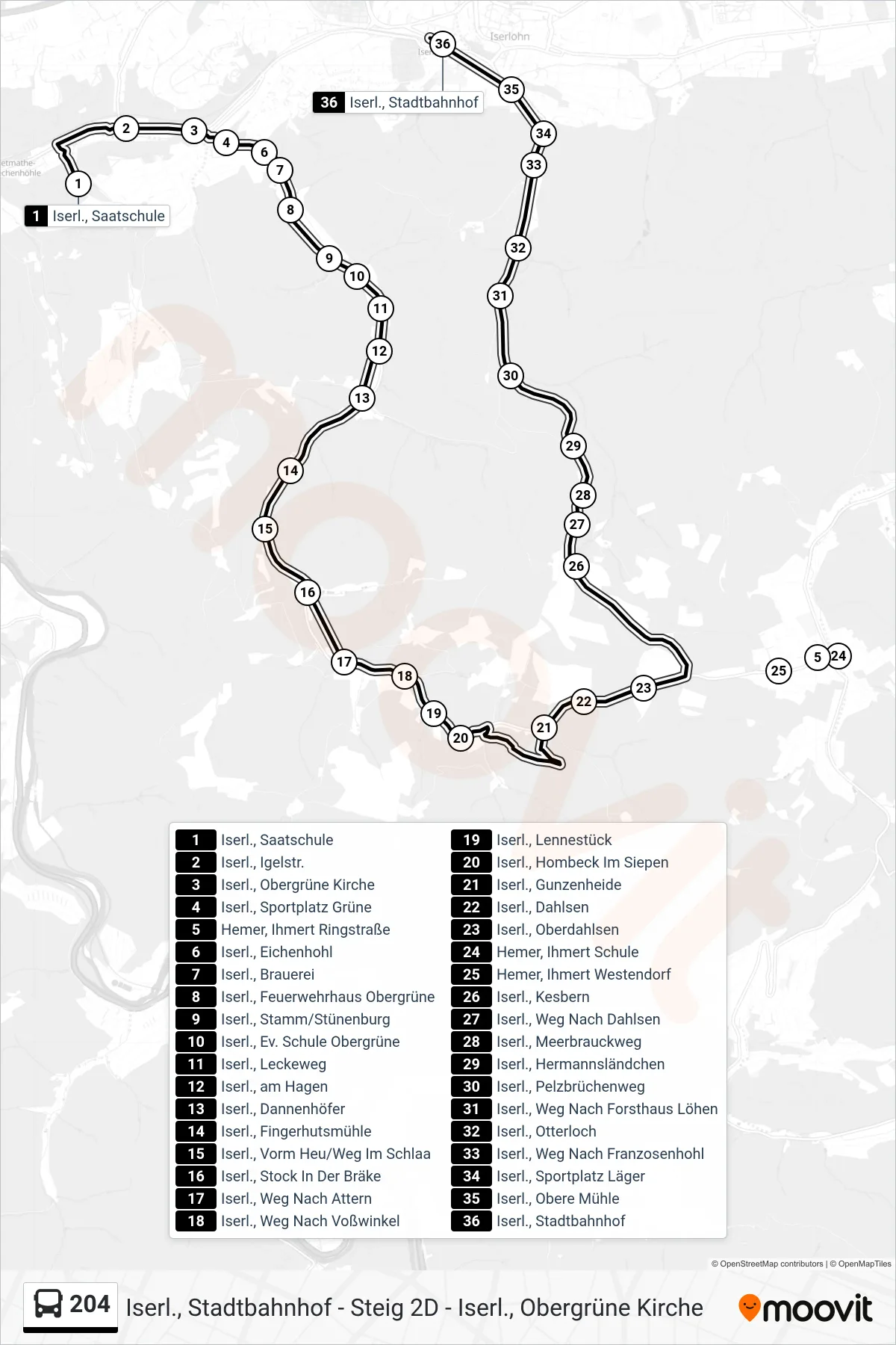 204 bus Line (Iserl., Stadtbahnhof - Steig 2d) route and stops on a map