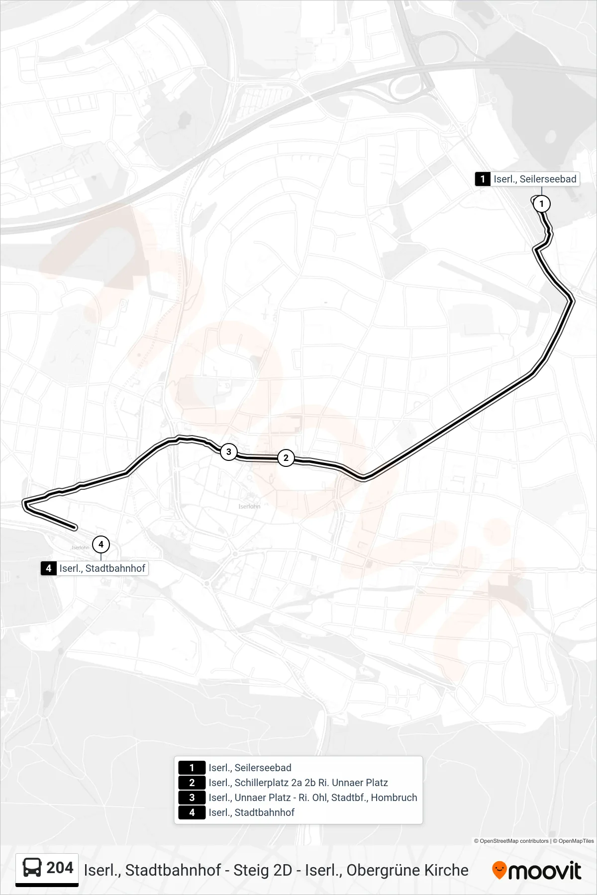 204 bus Line (Iserl., Stadtbahnhof - Steig 2d) route and stops on a map