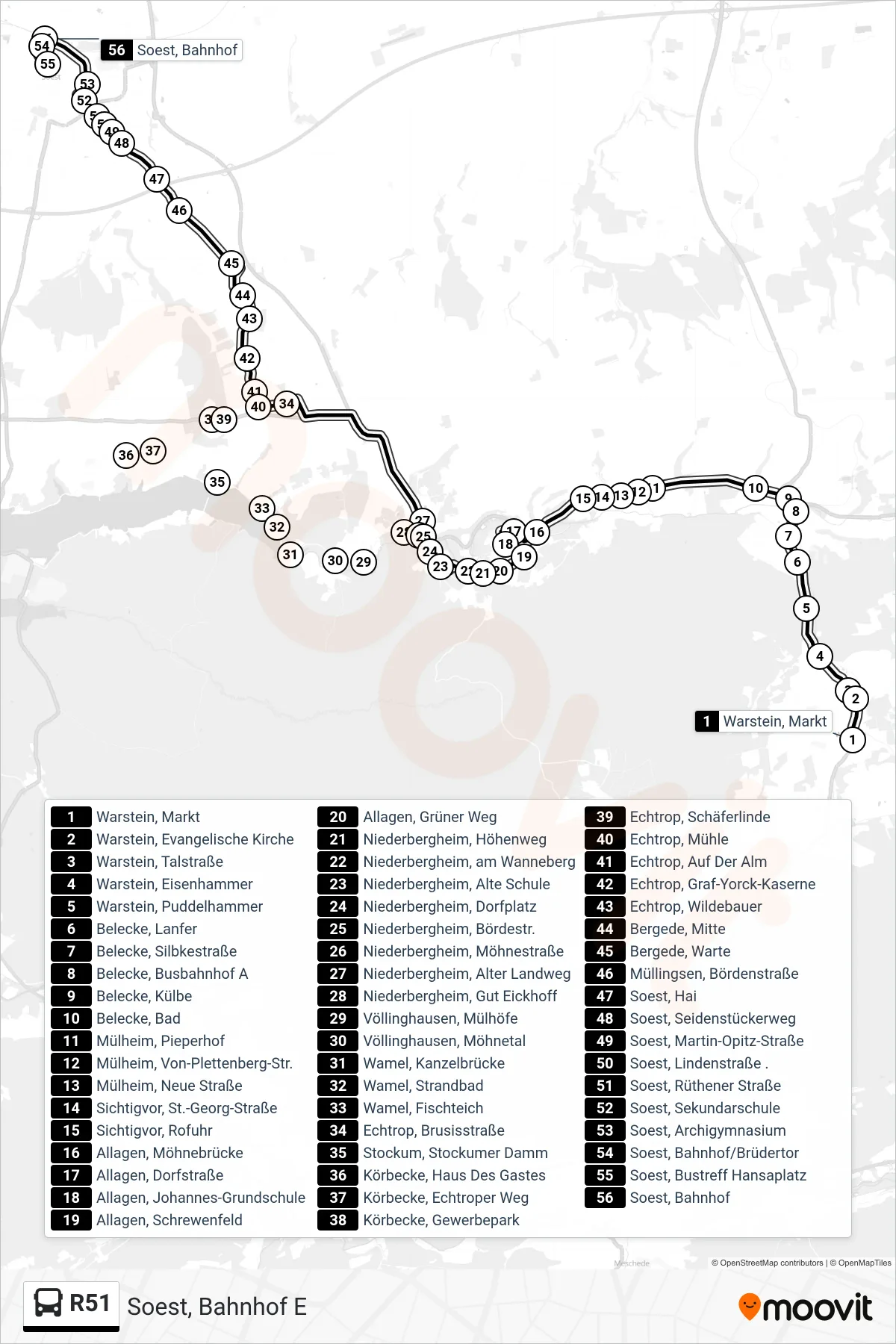 R51 bus Line (Soest, Bahnhof E) route and stops on a map