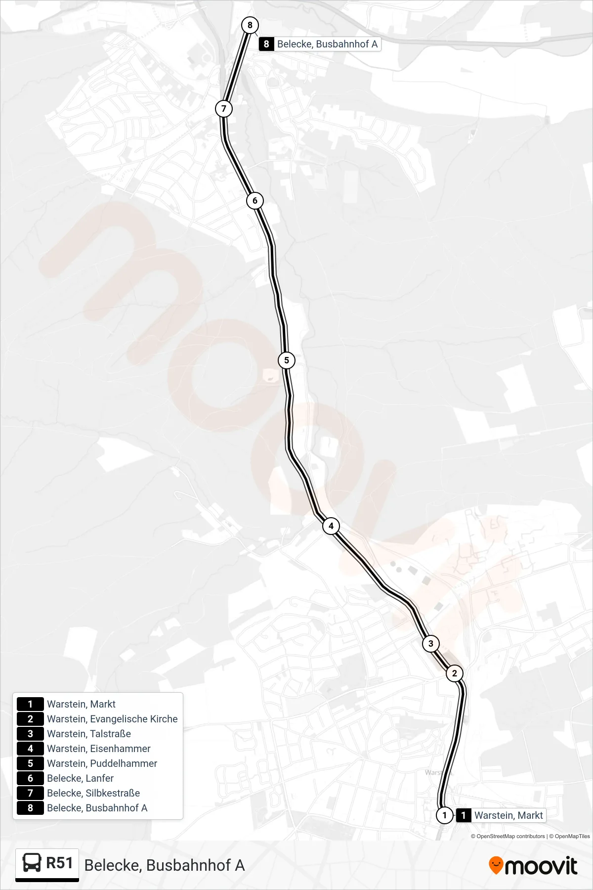 R51 bus Line (Belecke, Busbahnhof A) route and stops on a map