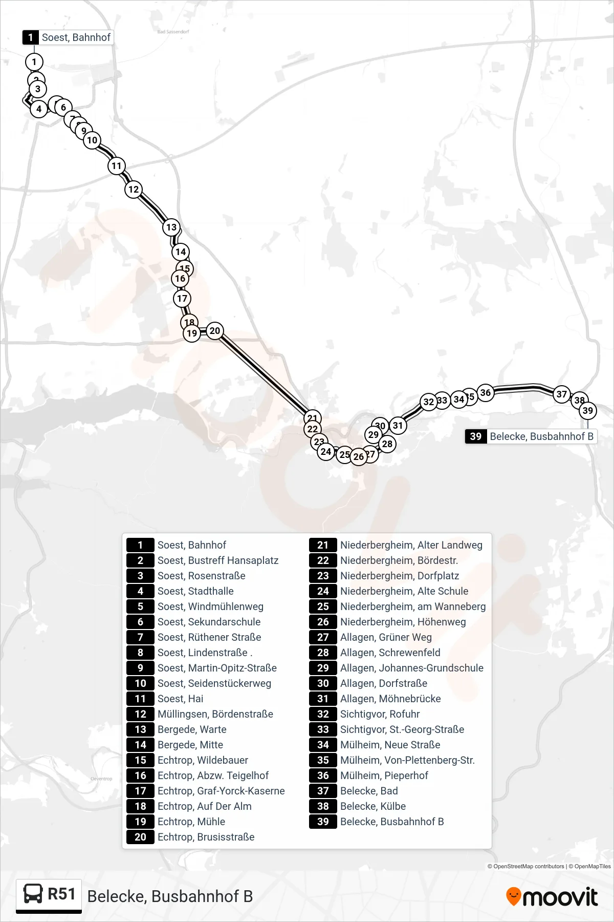 R51 bus Line (Belecke, Busbahnhof B) route and stops on a map