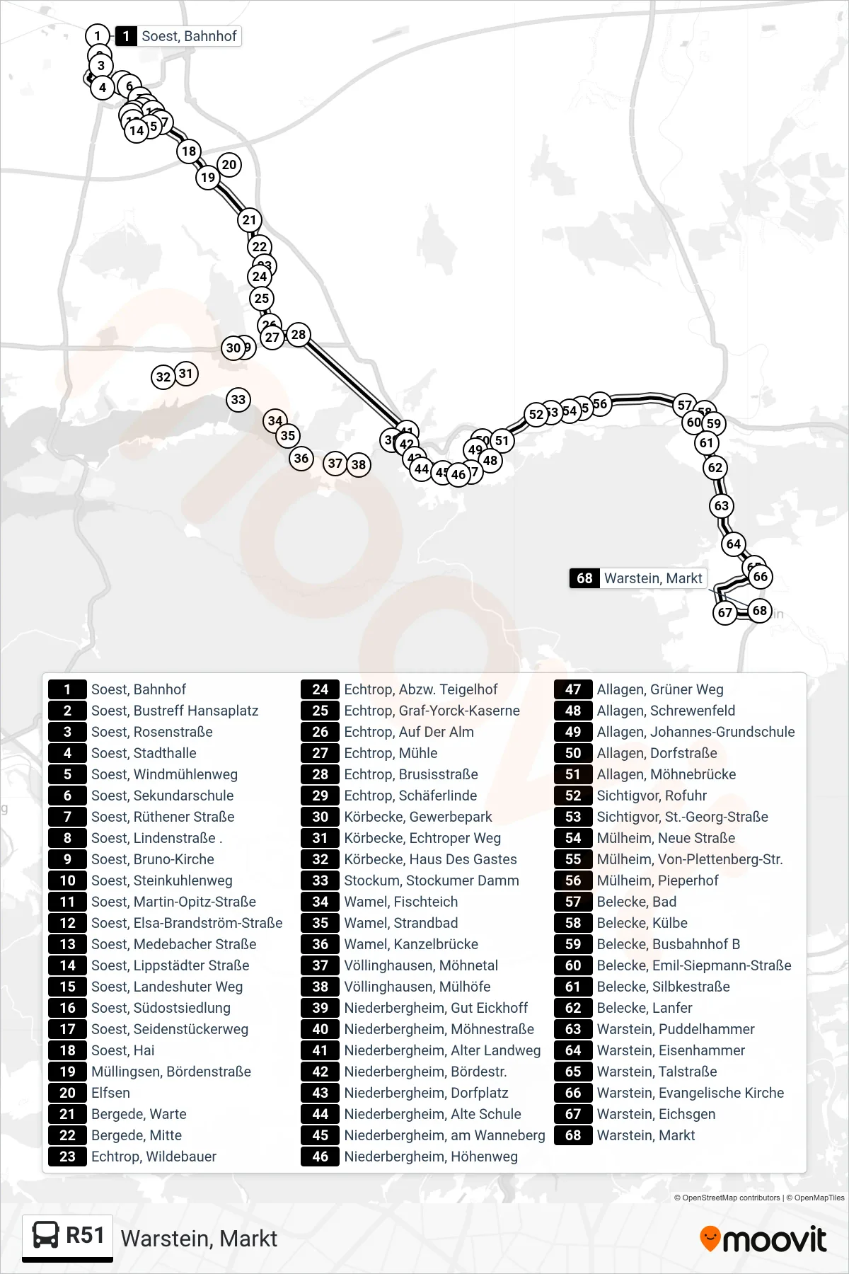 R51 bus Line (Warstein, Markt) route and stops on a map