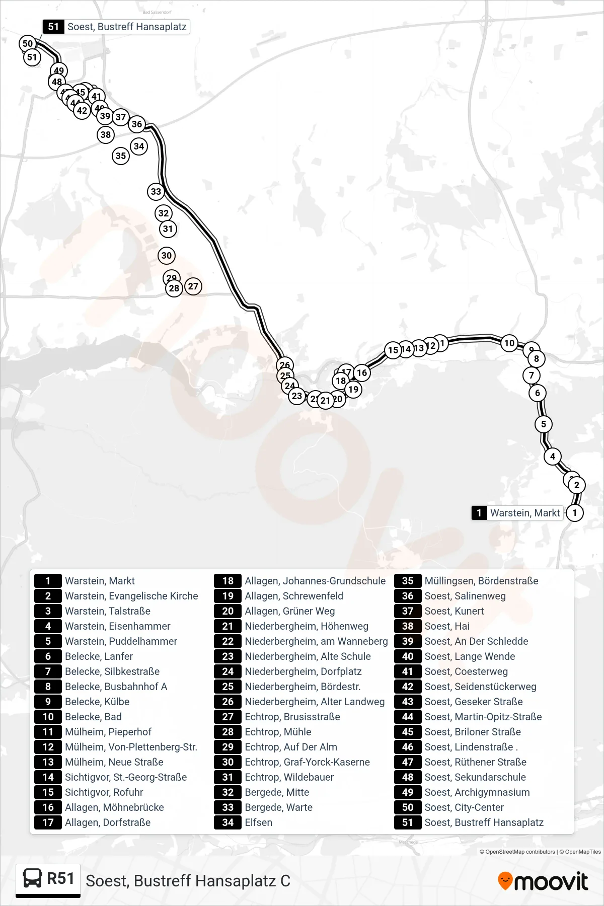 R51 bus Line (Soest, Bustreff Hansaplatz C) route and stops on a map