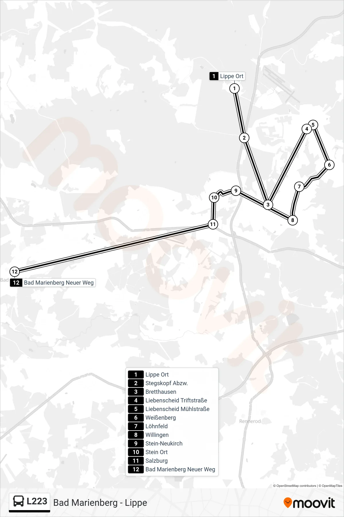 L223 bus Line (Bad Marienberg Neuer Weg) route and stops on a map