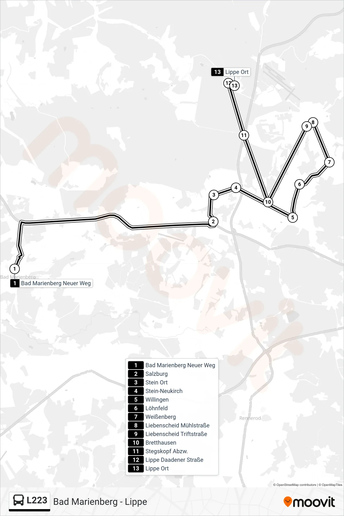 L223 bus Line (Lippe Ort) route and stops on a map
