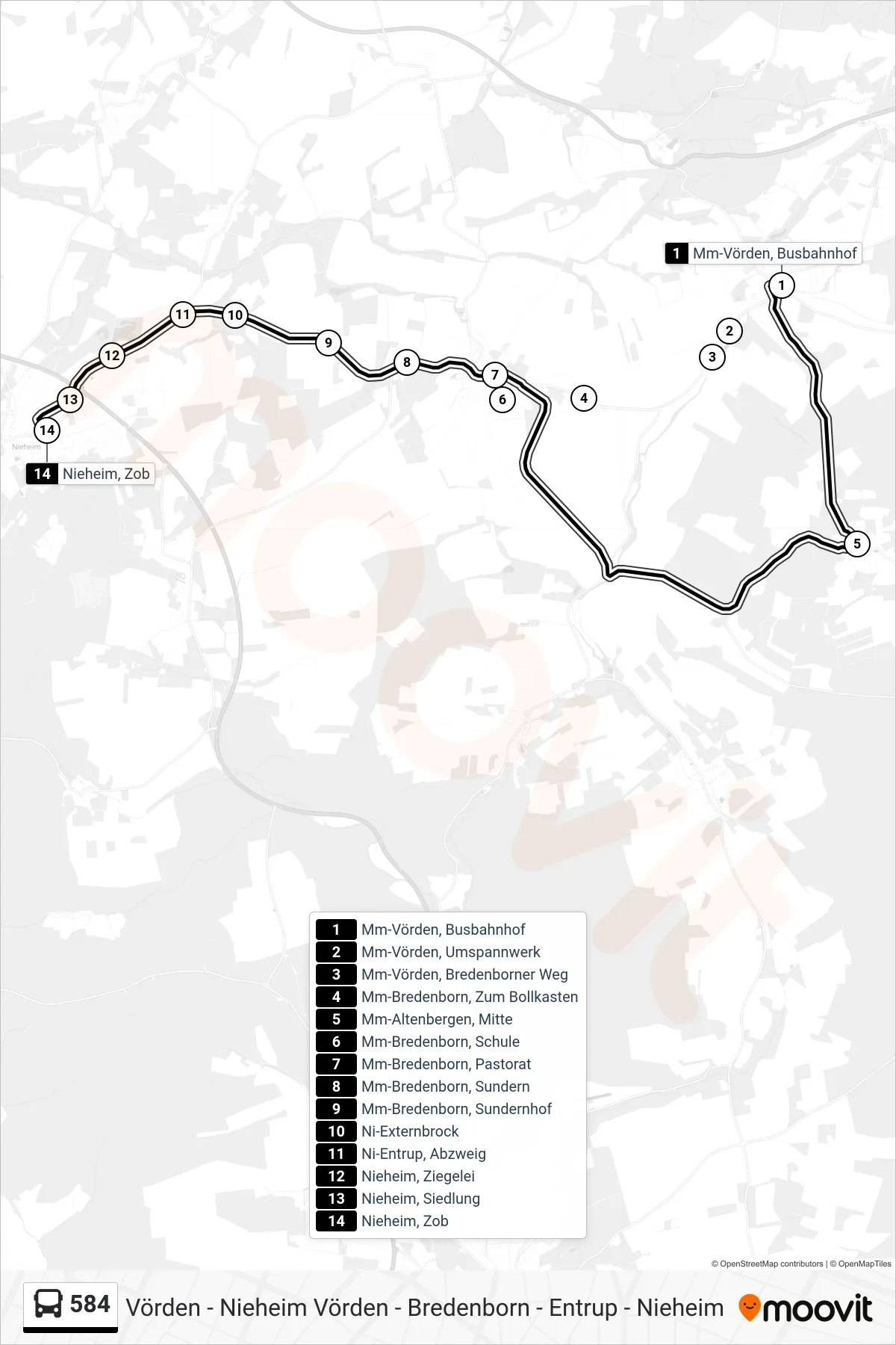 584 bus Line (Nieheim, Zob) route and stops on a map