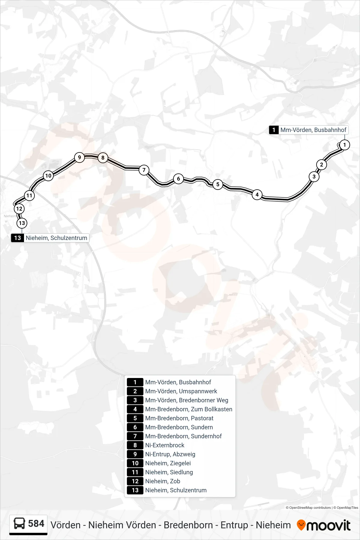 584 bus Line (Nieheim, Schulzentrum) route and stops on a map