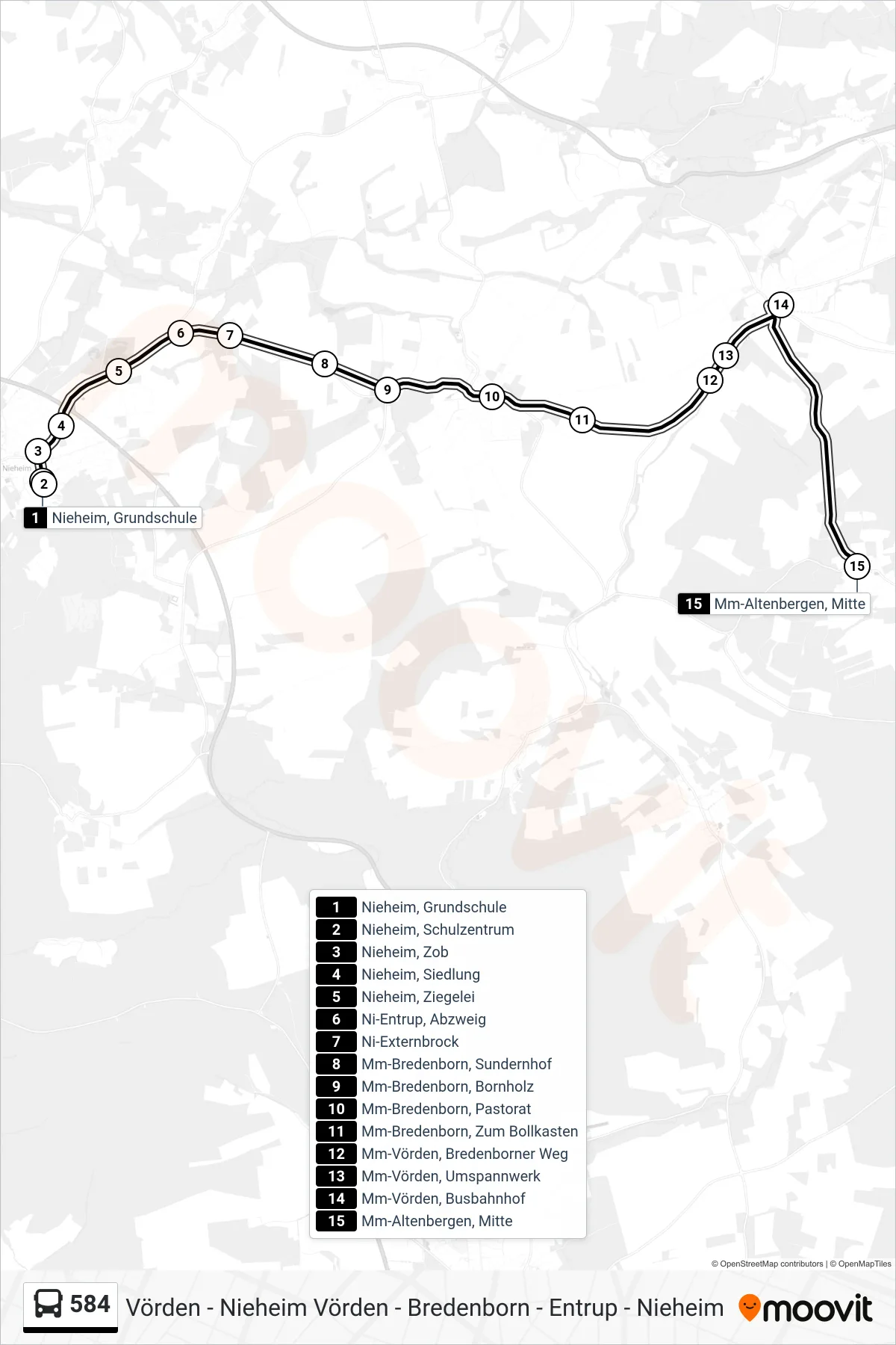 584 bus Line (Mm-Altenbergen, Mitte) route and stops on a map
