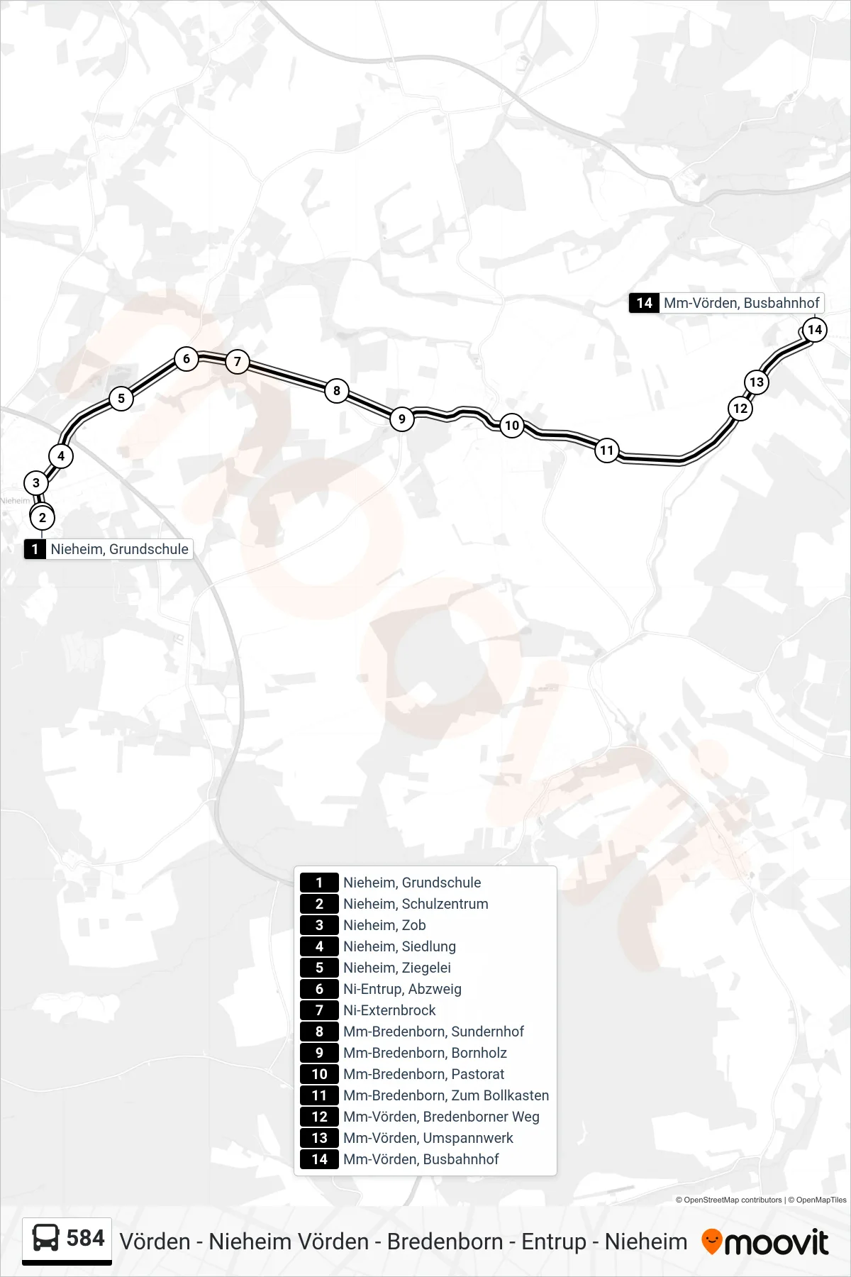 584 bus Line (Mm-Vörden, Busbahnhof Bstg 3) route and stops on a map