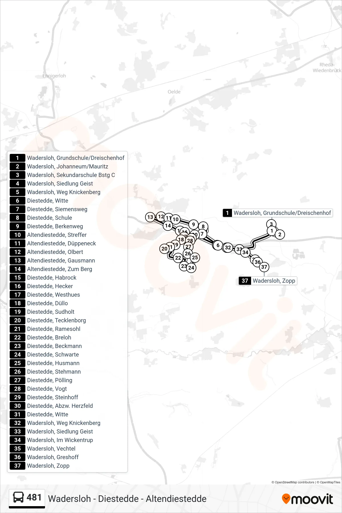 481 bus Line (Wadersloh, Zopp) route and stops on a map