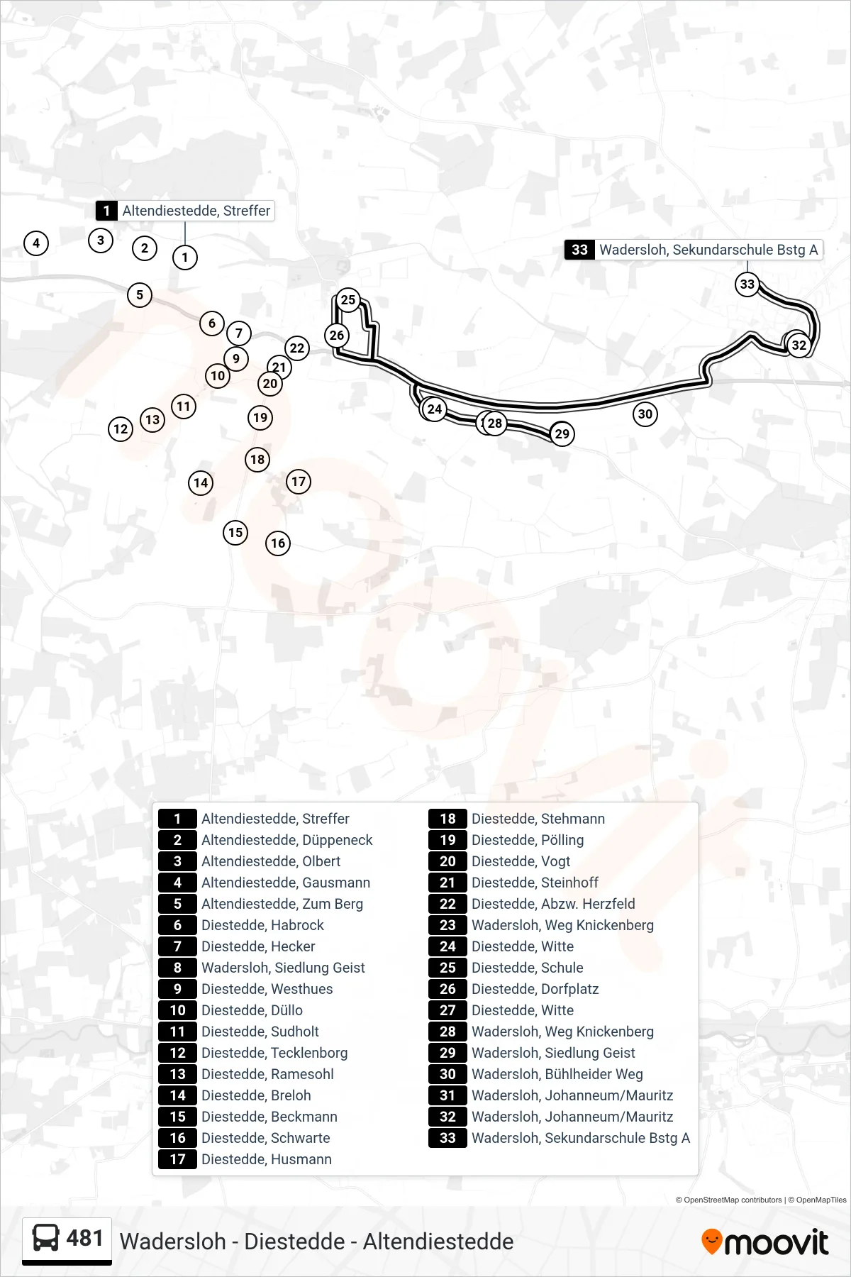 481 bus Line (Wadersloh, Sekundarschule Bstg A) route and stops on a map