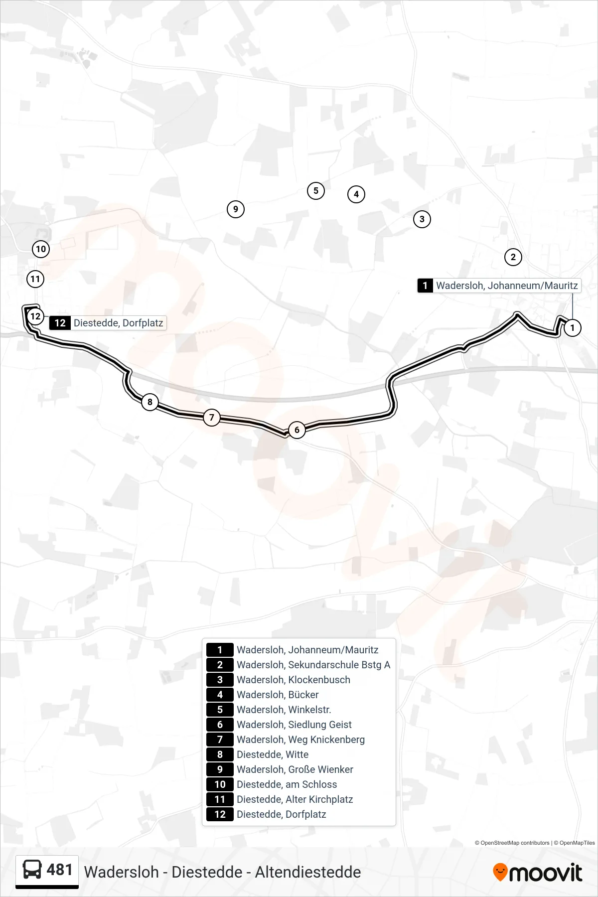 481 bus Line (Diestedde, Dorfplatz) route and stops on a map
