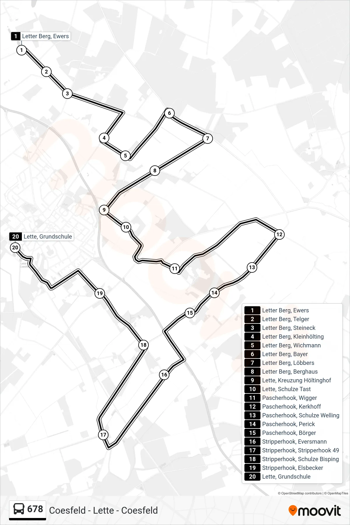 678 bus Line (Lette, Grundschule) route and stops on a map