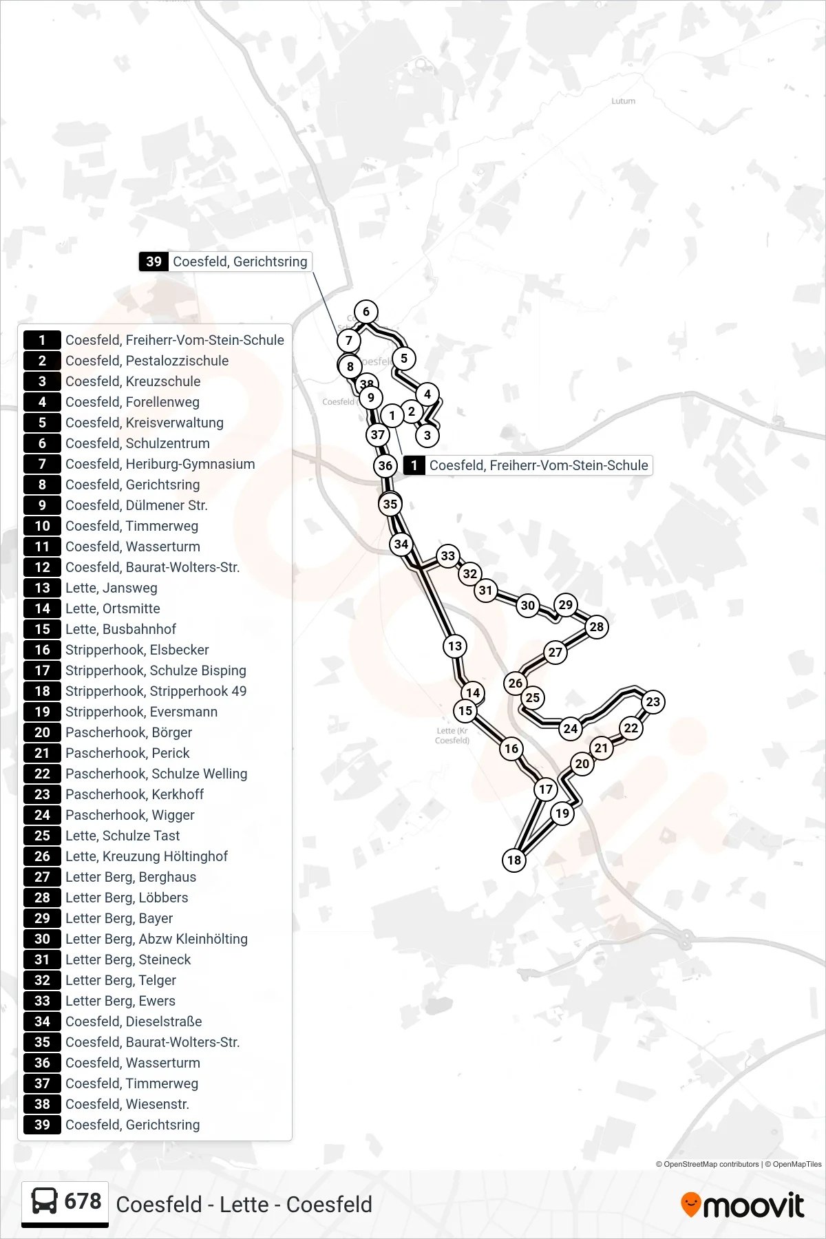 678 bus Line (Coesfeld, Gerichtsring) route and stops on a map