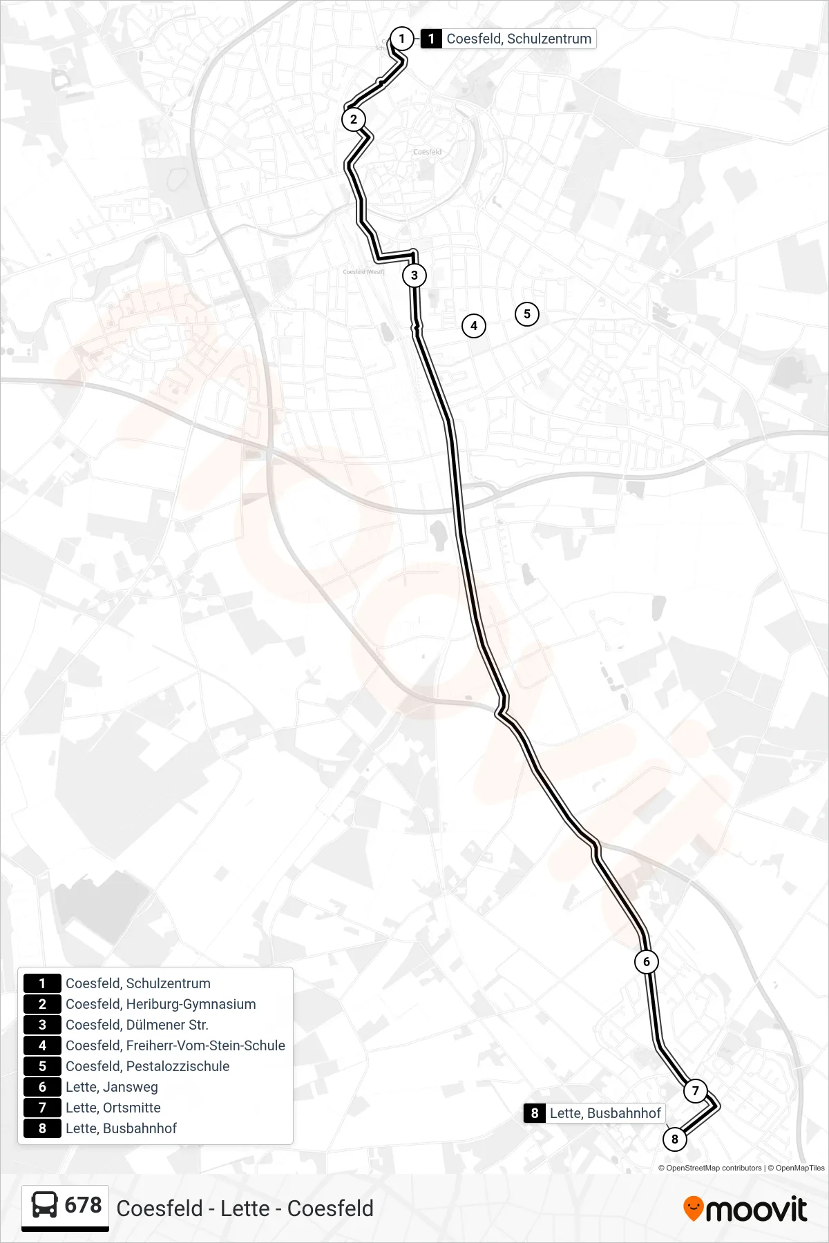 Linie 678 (Bus) Richtung Lette, Busbahnhof: Route und Haltestellen auf der Karte
