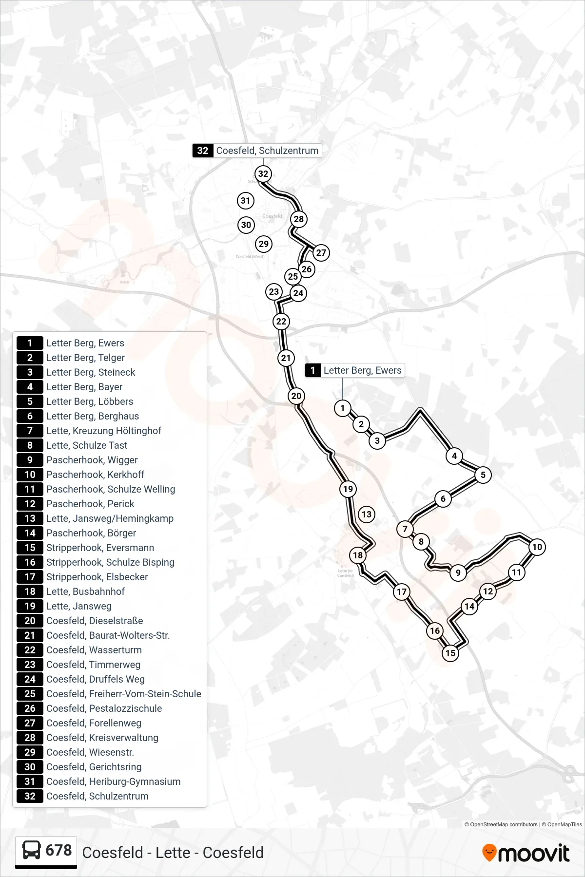 678 bus Line (Coesfeld, Schulzentrum) route and stops on a map