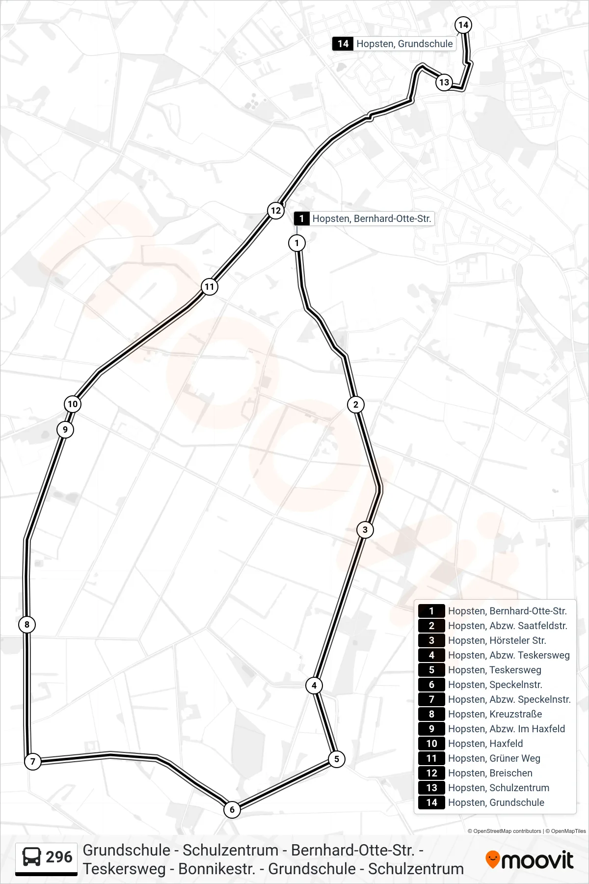 Linie 296 (Bus) Richtung Hopsten, Grundschule: Route und Haltestellen auf der Karte