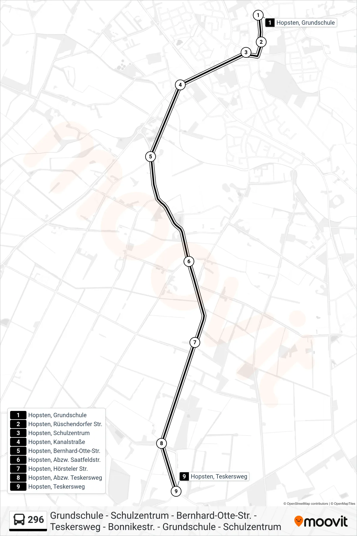 Linie 296 (Bus) Richtung Hopsten, Teskersweg: Route und Haltestellen auf der Karte
