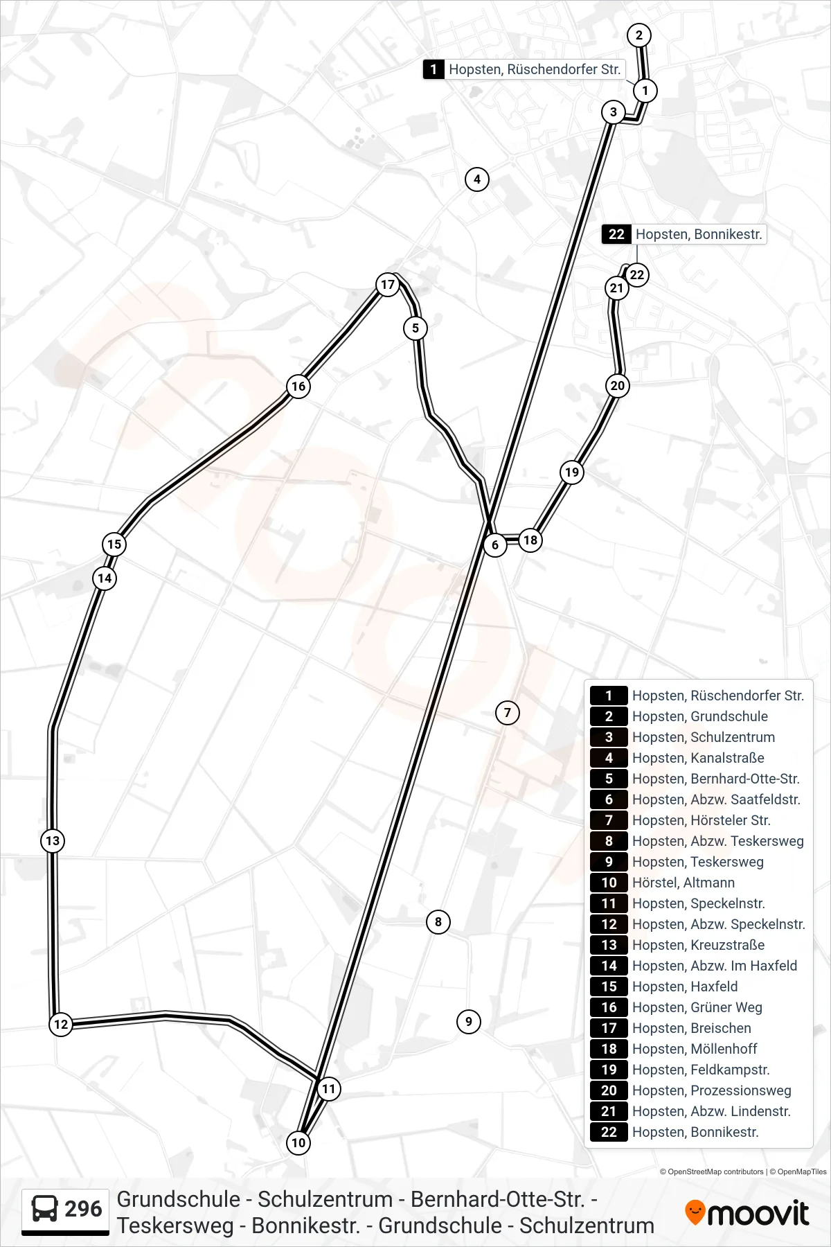 Linie 296 (Bus) Richtung Hopsten, Bonnikestr.: Route und Haltestellen auf der Karte