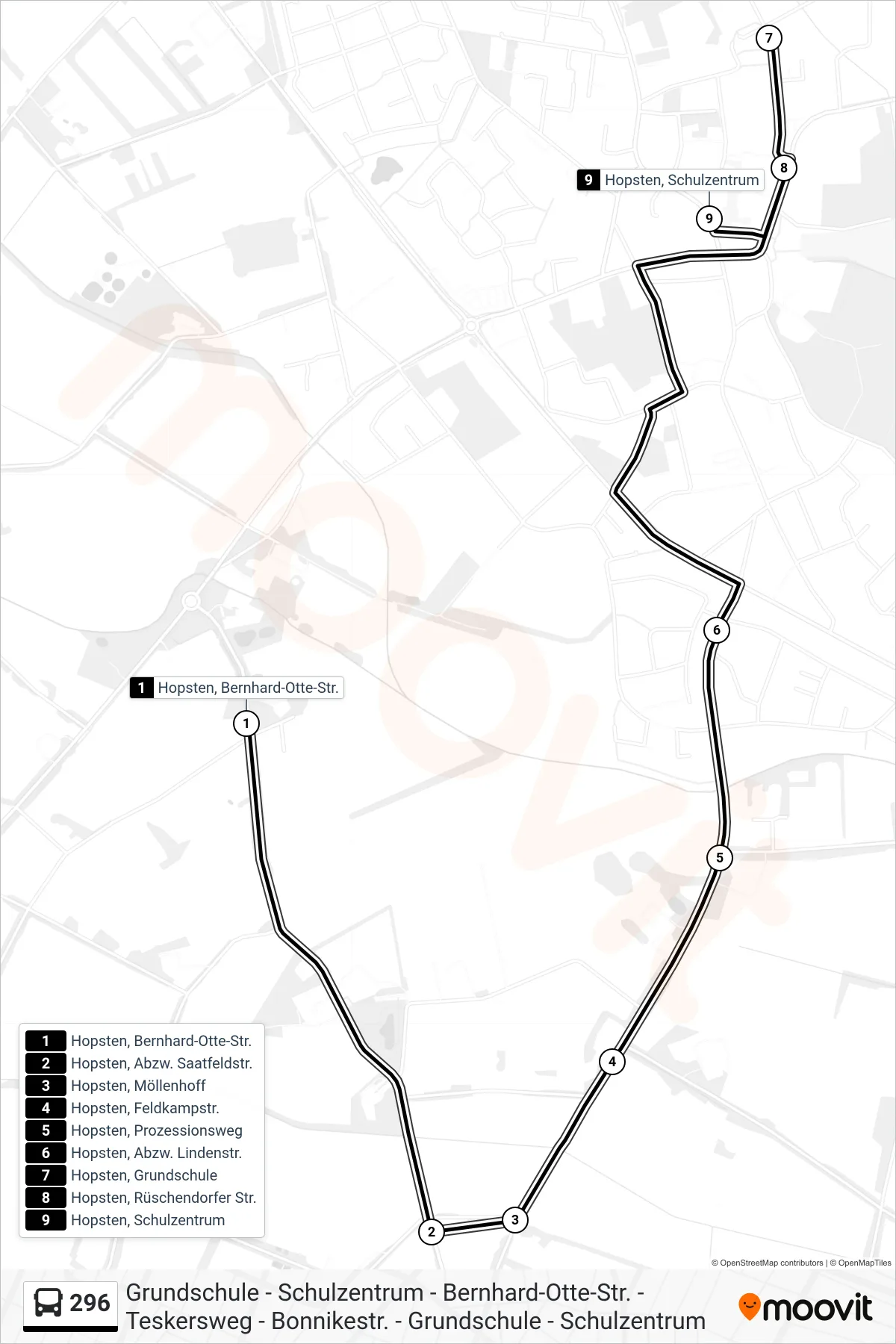 Linie 296 (Bus) Richtung Hopsten, Schulzentrum D: Route und Haltestellen auf der Karte