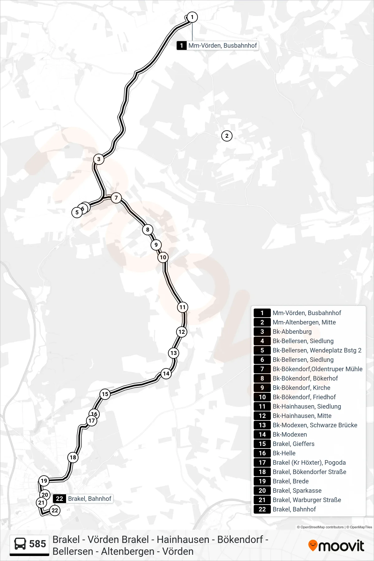 Linie 585 (Bus) Richtung Brakel, Bahnhof: Route und Haltestellen auf der Karte