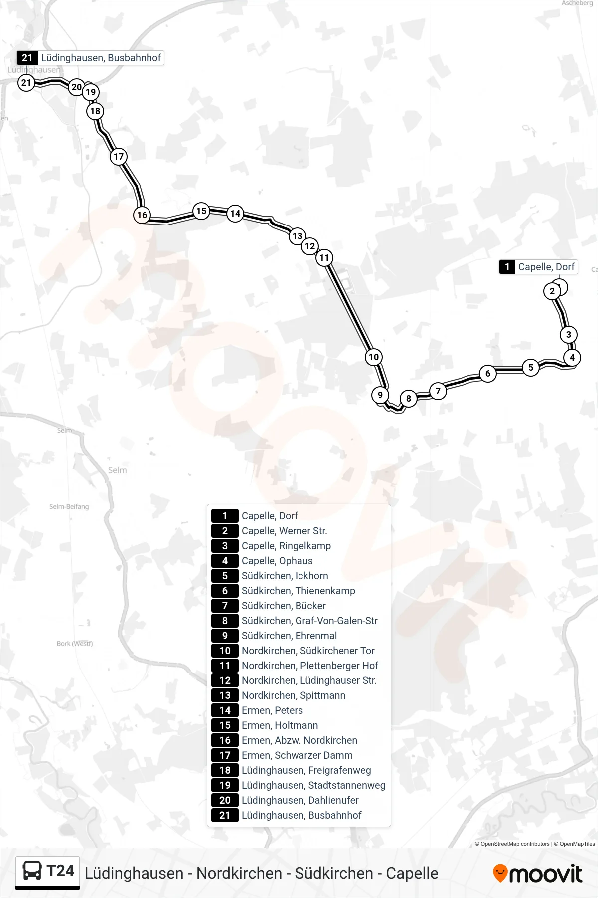 Linie T24 (Bus) Richtung Lüdinghausen, Busbahnhof E: Route und Haltestellen auf der Karte