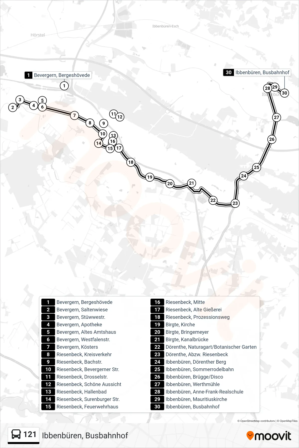 Linie 121 (Bus) Richtung Ibbenbüren, Busbahnhof: Route und Haltestellen auf der Karte