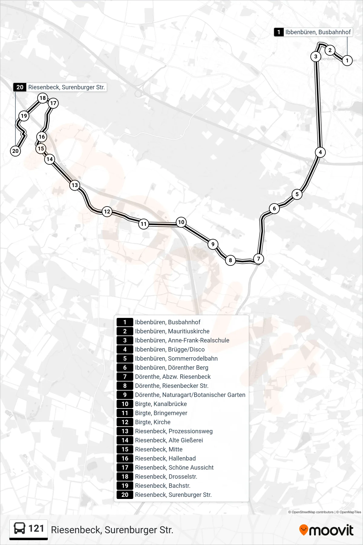 121 bus Line (Riesenbeck, Surenburger Str.) route and stops on a map