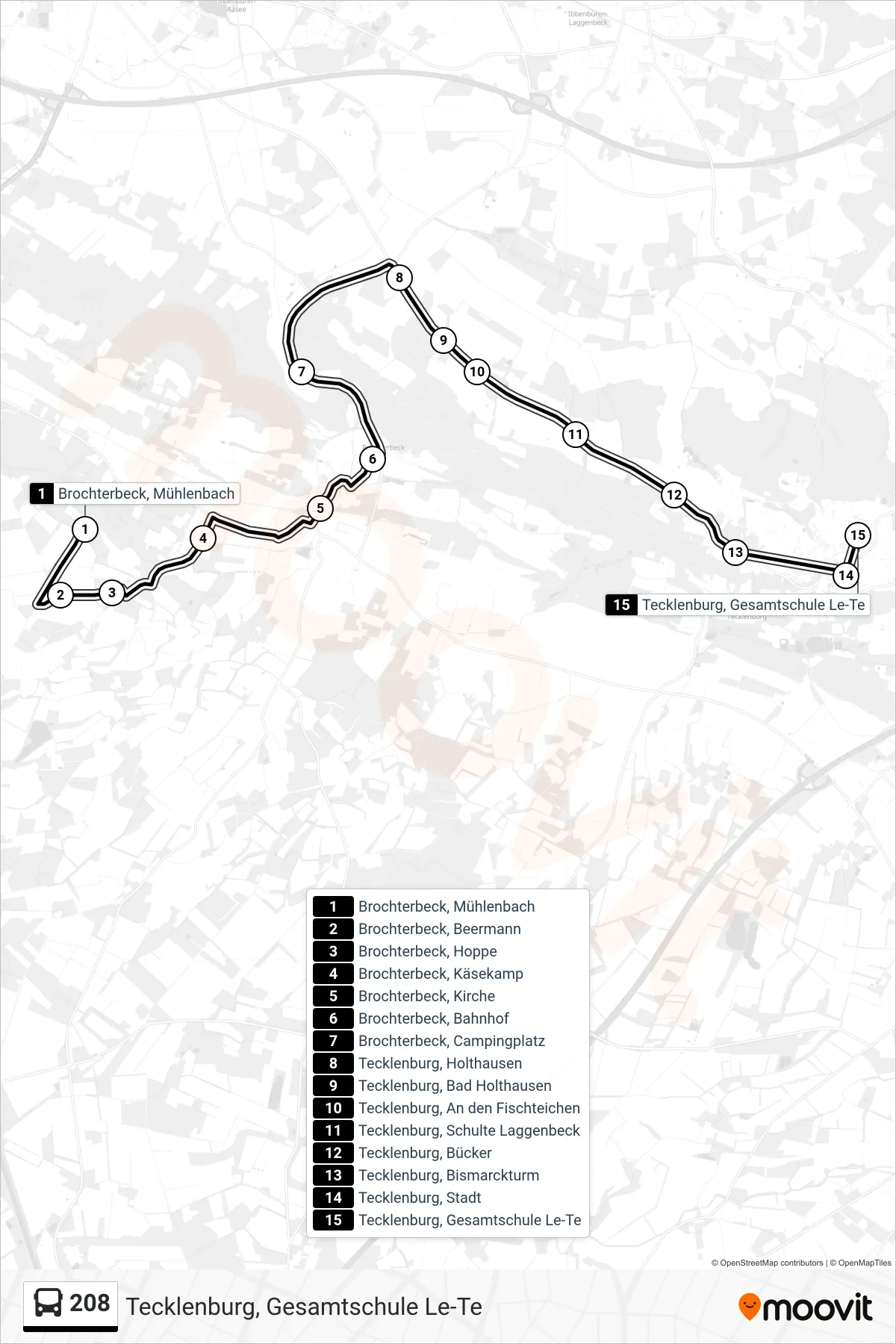 208 bus Line (Tecklenburg, Gesamtschule Le-Te) route and stops on a map