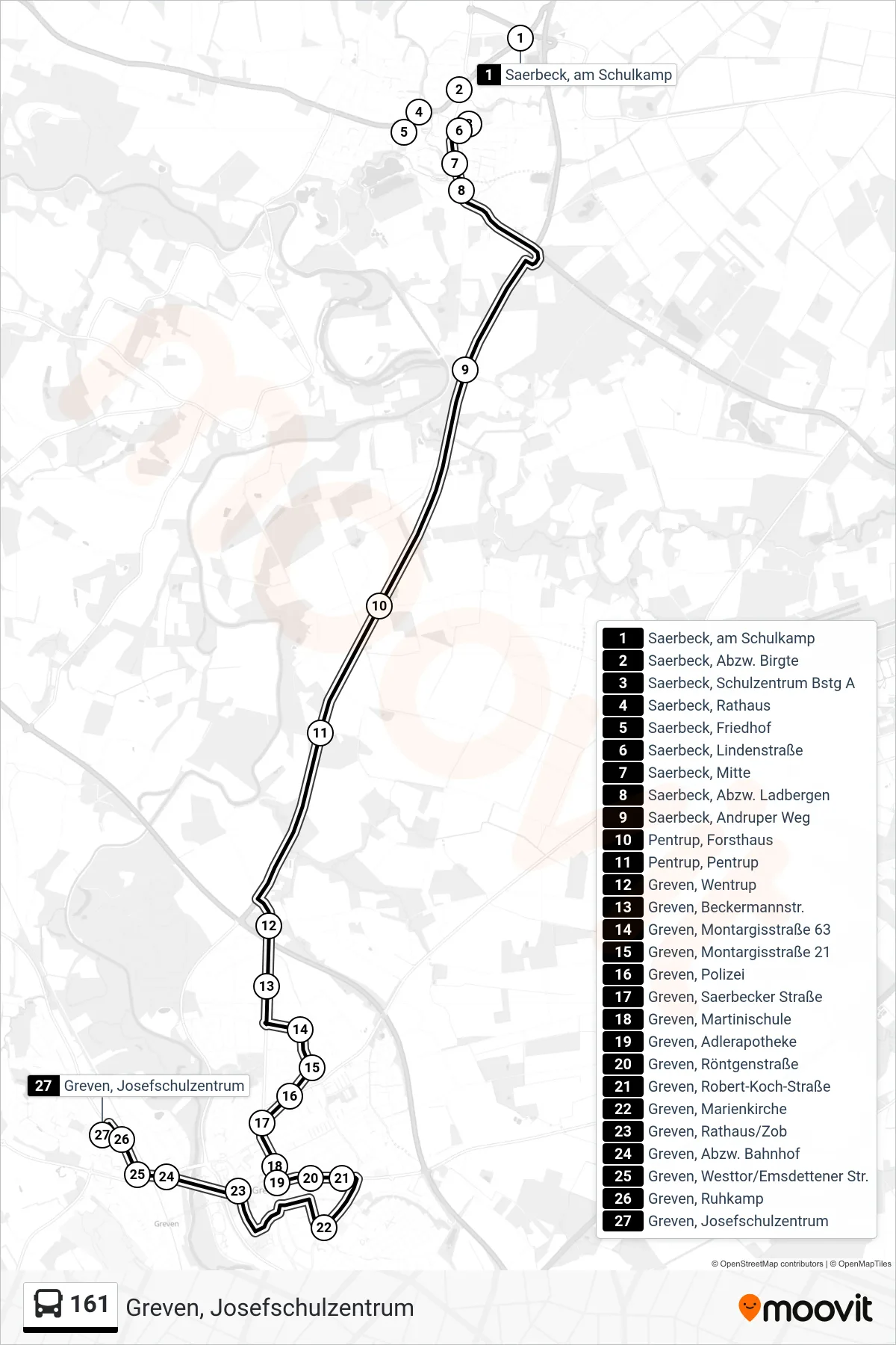 161 bus Line (Greven, Josefschulzentrum) route and stops on a map