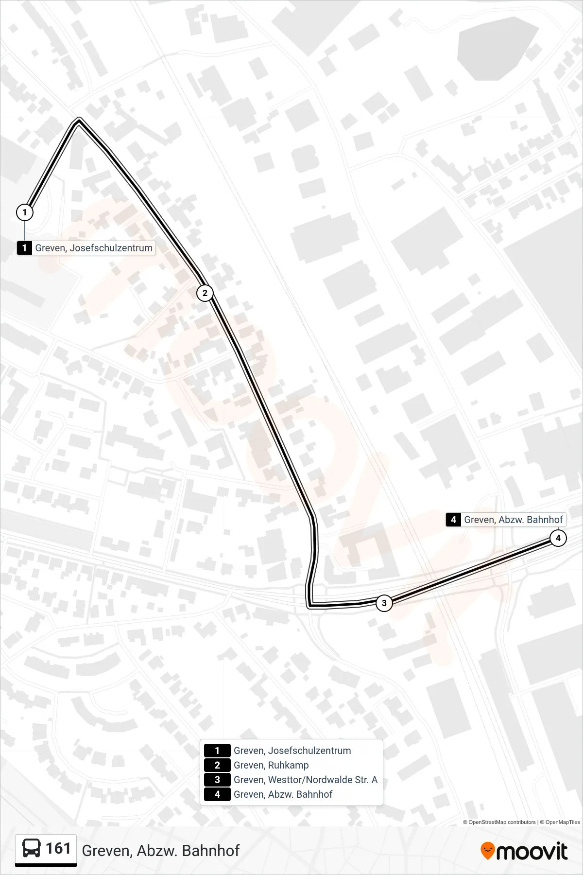 161 bus Line (Greven, Abzw. Bahnhof) route and stops on a map